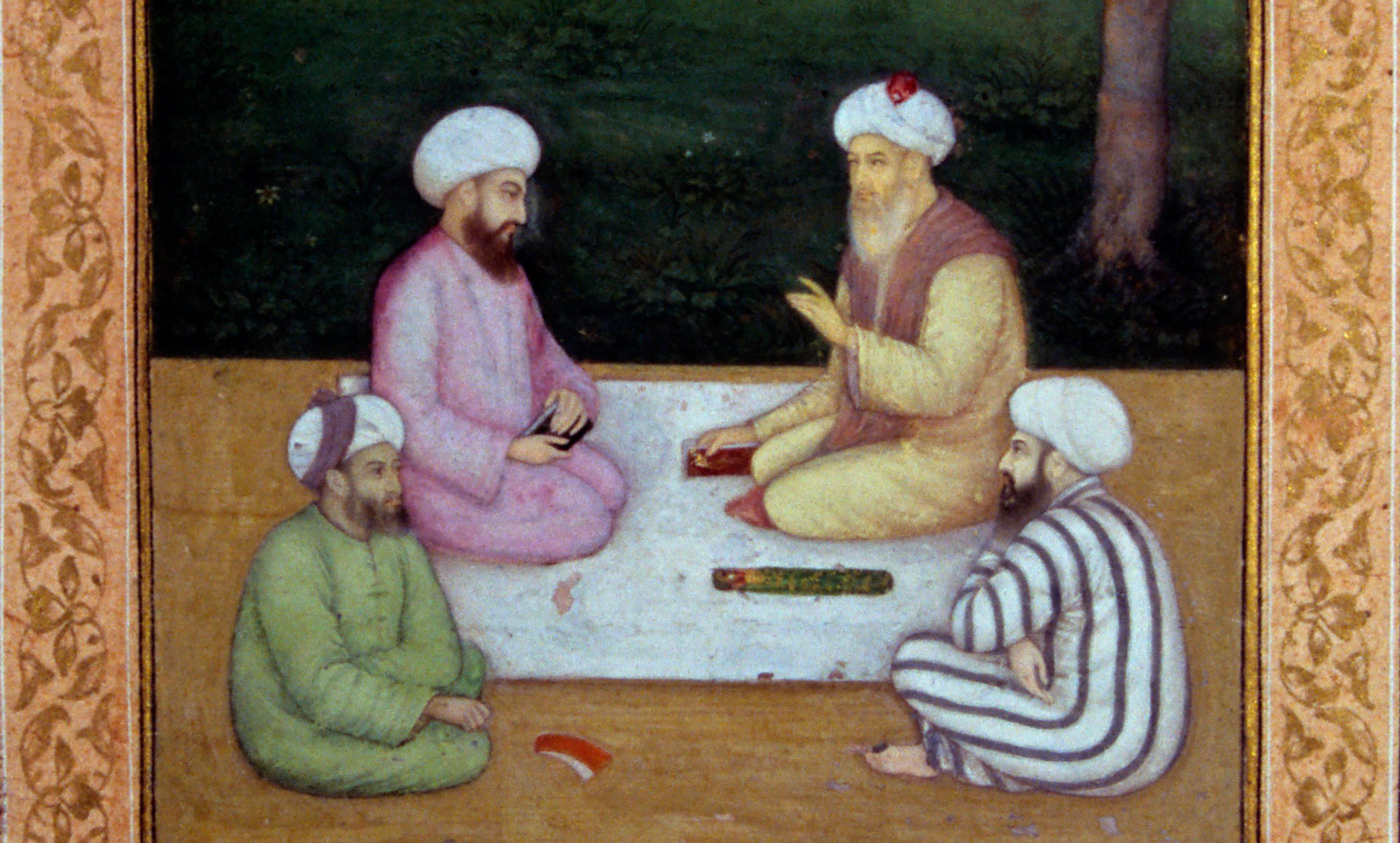 Painting of four bearded men in turbans sitting on the ground, conversing, surrounded by an ornate floral border.