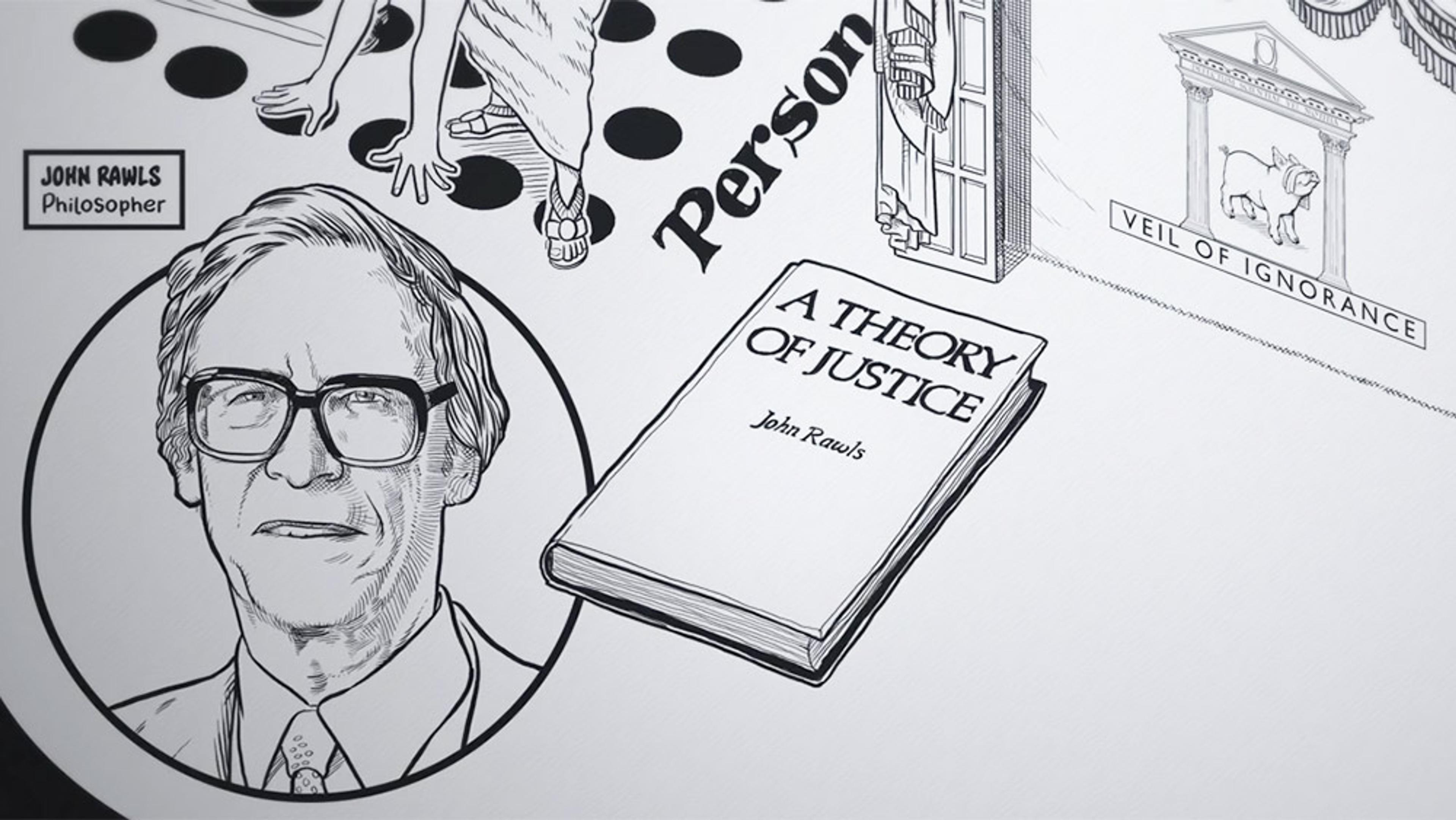 Illustration of John Rawls, his book “A Theory of Justice”, and related concepts including “Veil of Ignorance”.