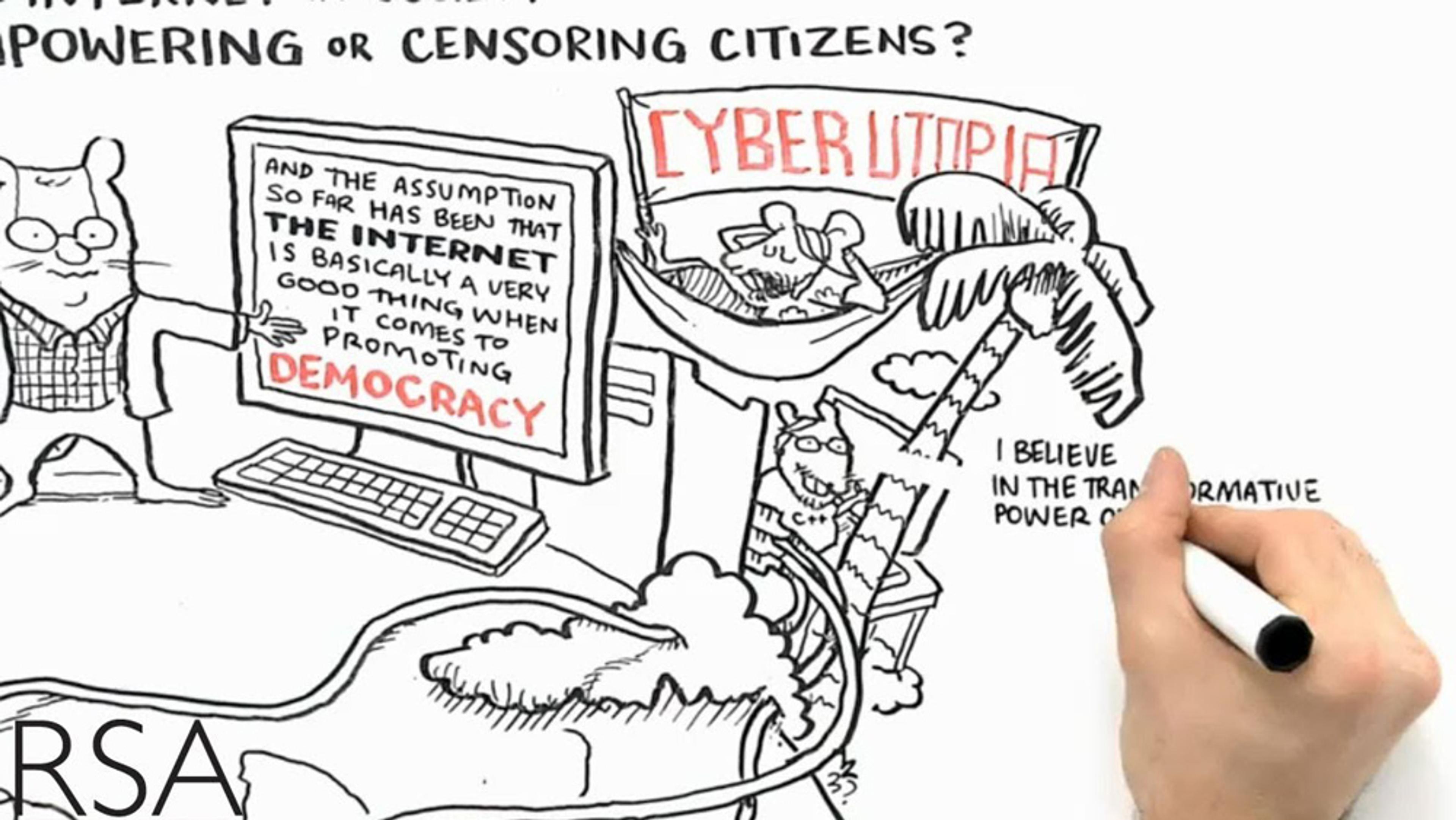 Hand-drawn cartoon showing characters discussing internet democracy and Cyber Utopia with text on screens and speech bubbles.