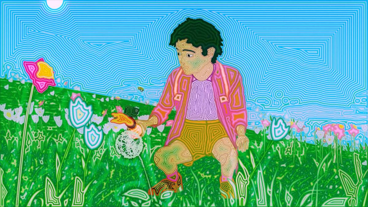 Brightly coloured, psychedelic illustration of a boy in a field holding a prosthetic arm with a blue sky in the background.