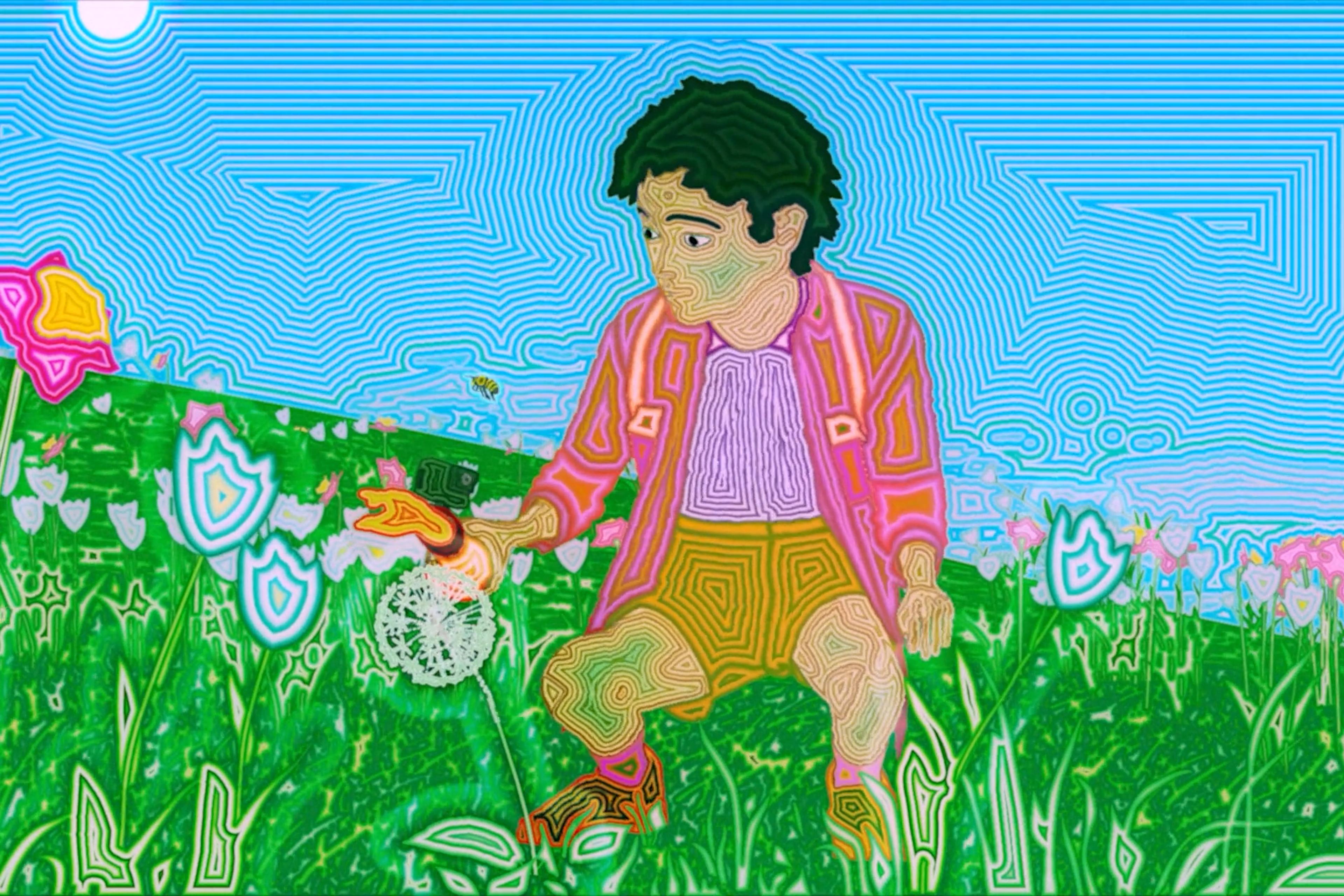 Brightly coloured, psychedelic illustration of a boy in a field holding a prosthetic arm with a blue sky in the background.