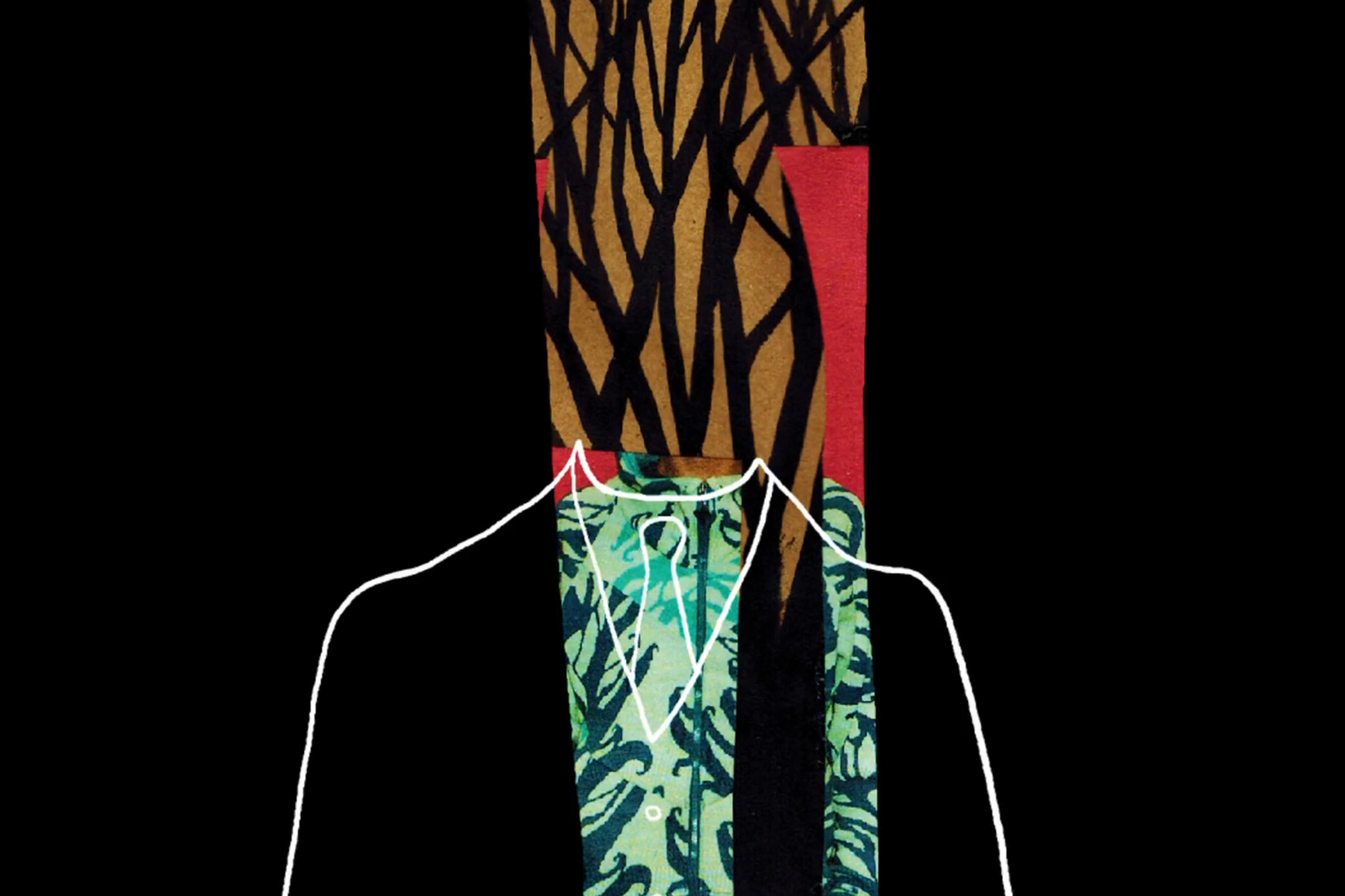 Abstract figure with tree-like head, green patterned torso and outlined suit, against a black background.