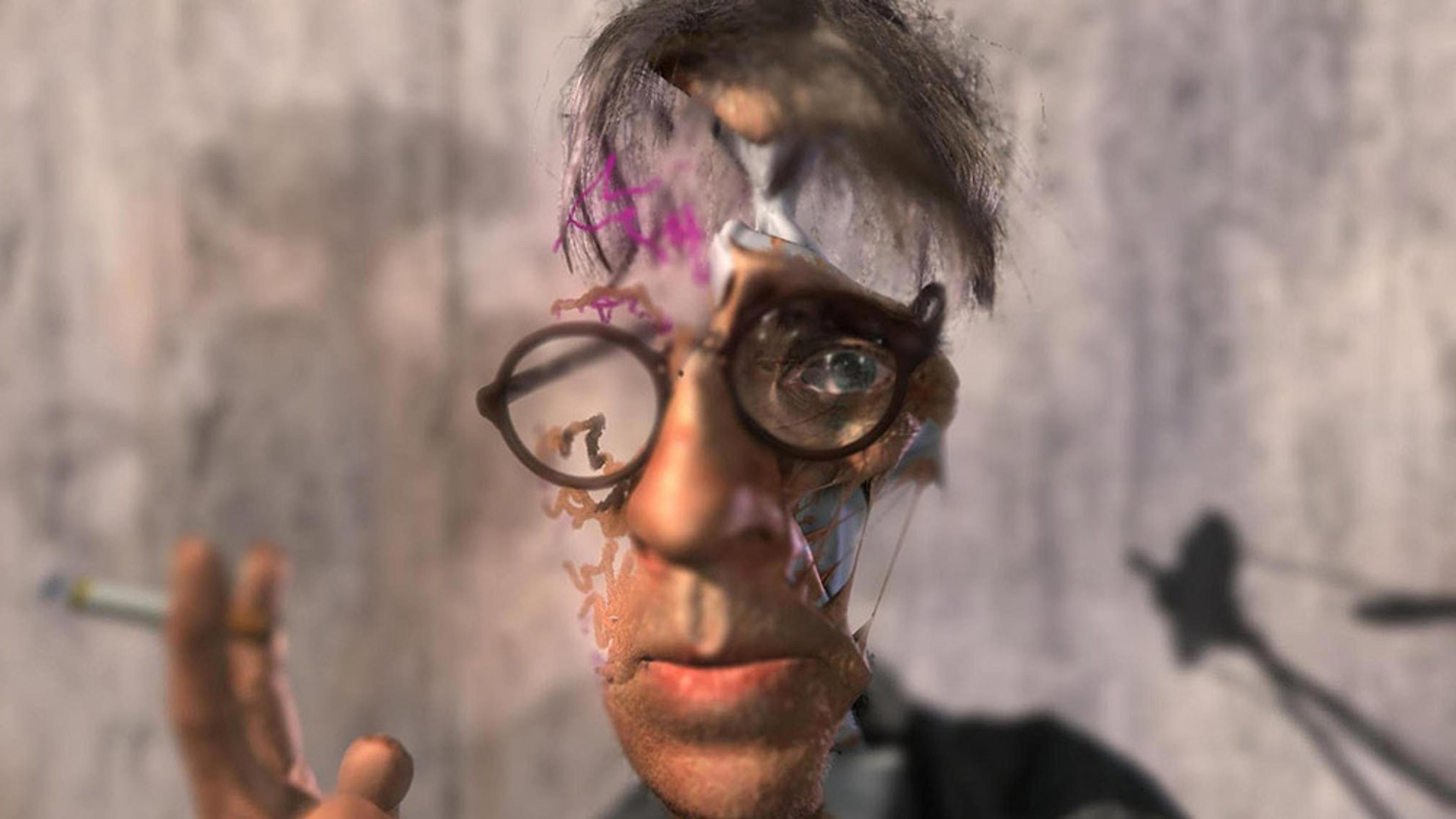 Abstract digital artwork of a person with glasses and a cigarette, featuring distorted facial features and overlapping elements.