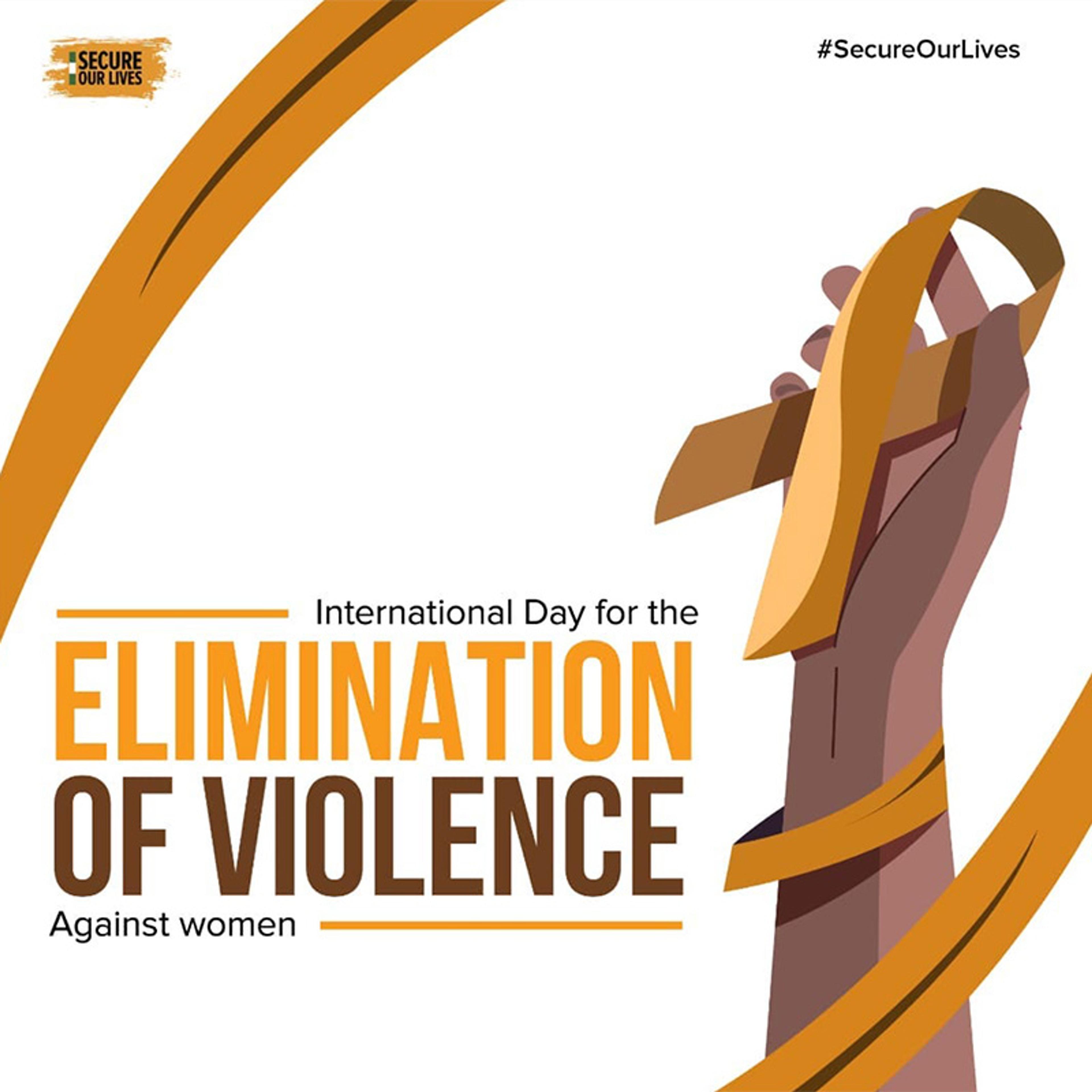 Illustration of a hand holding an orange ribbon for International Day for the Elimination of Violence Against Women.