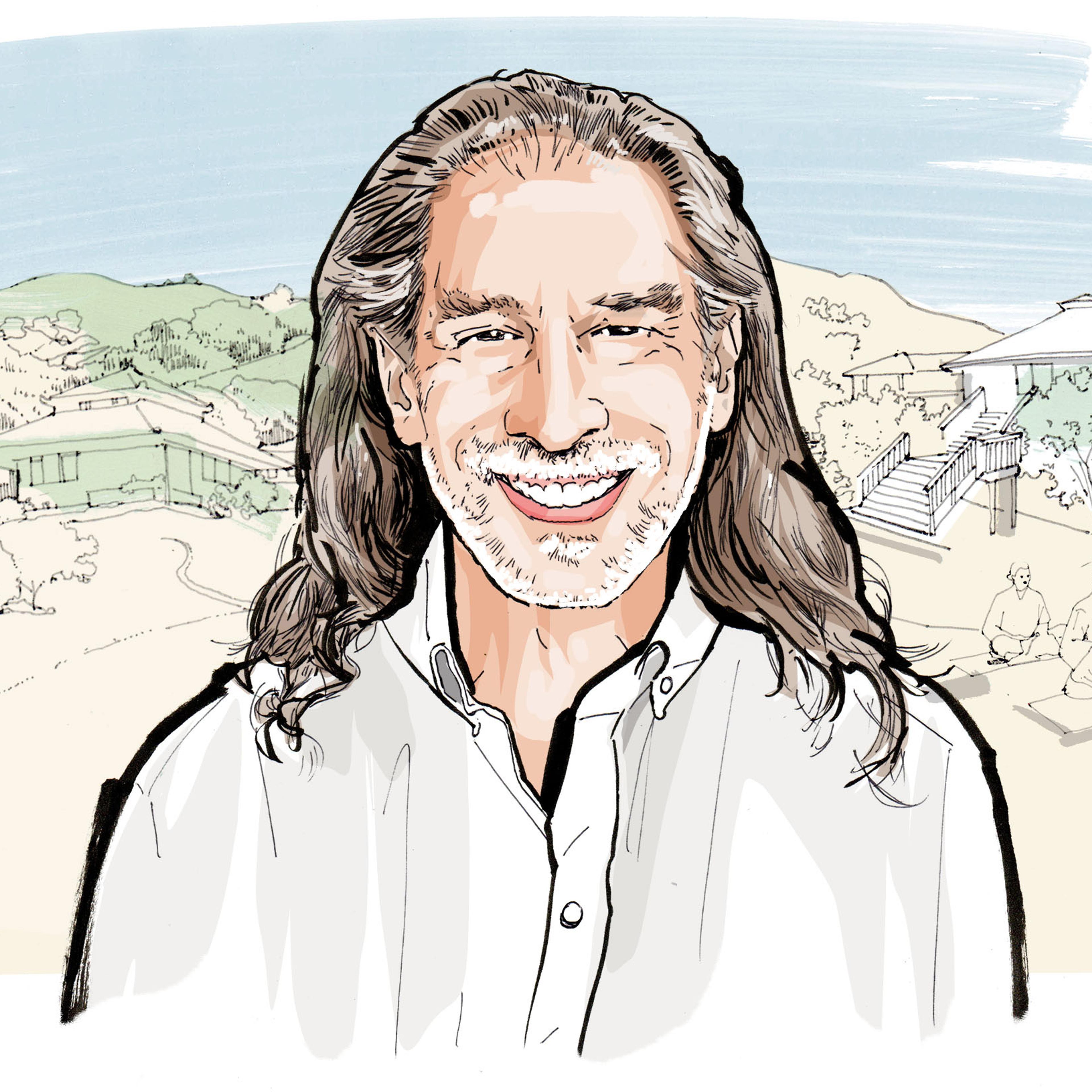 Illustration of a smiling man with long hair, wearing a shirt, with a scenic background featuring buildings and people meditating.
