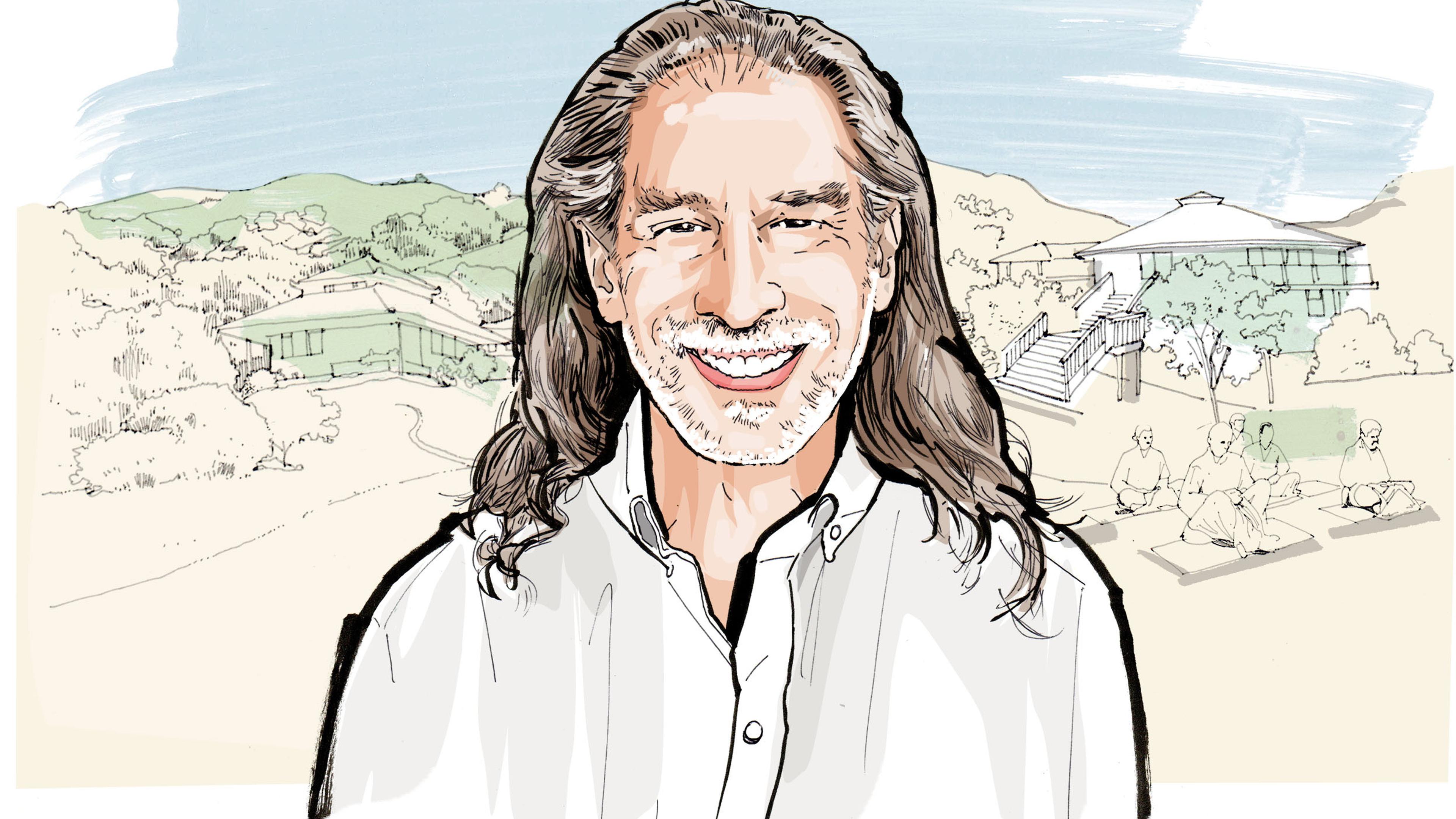 Illustration of a smiling man with long hair, wearing a shirt, with a scenic background featuring buildings and people meditating.