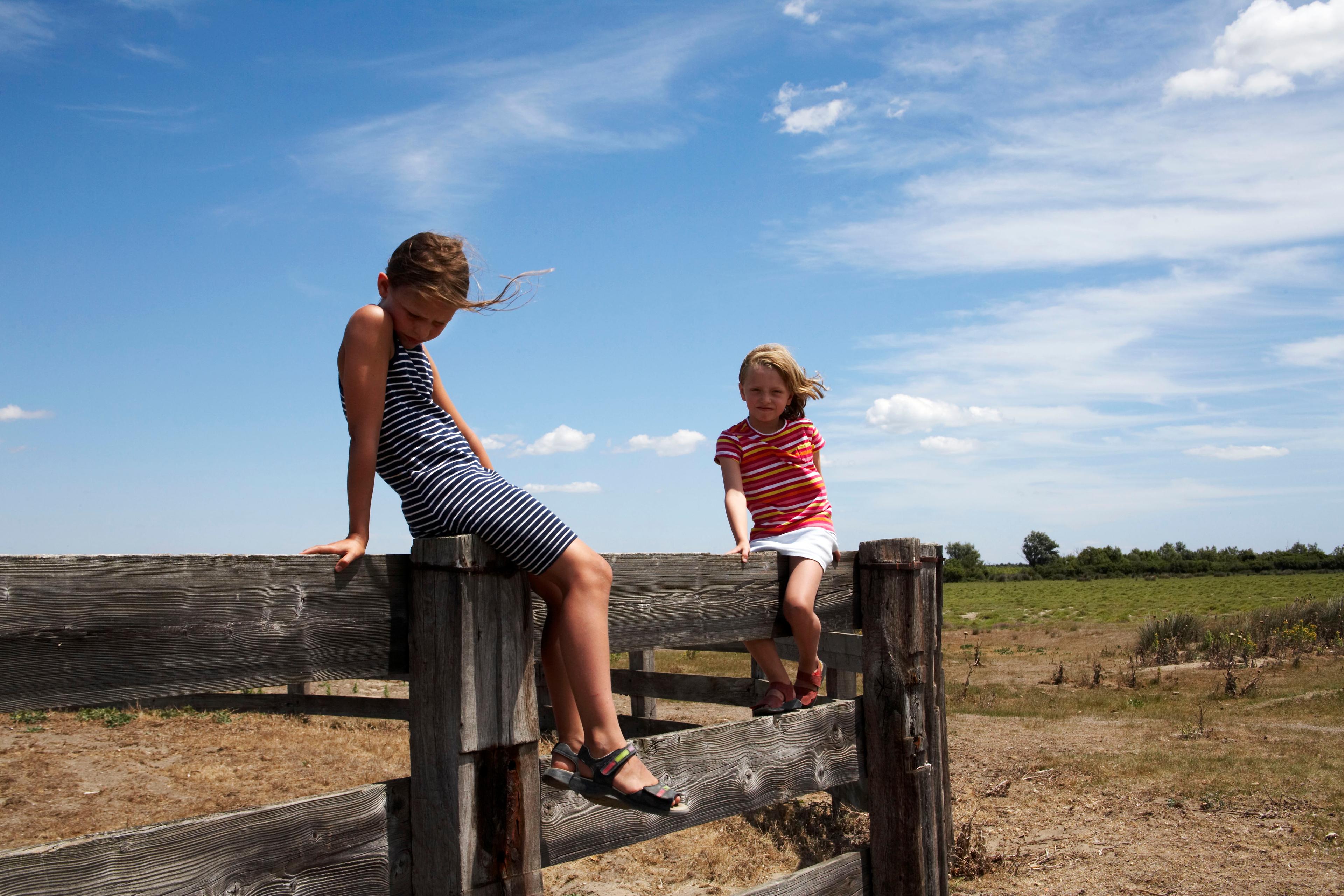 Photo of two children sitting on a wooden fence in a rural field under a clear blue sky.