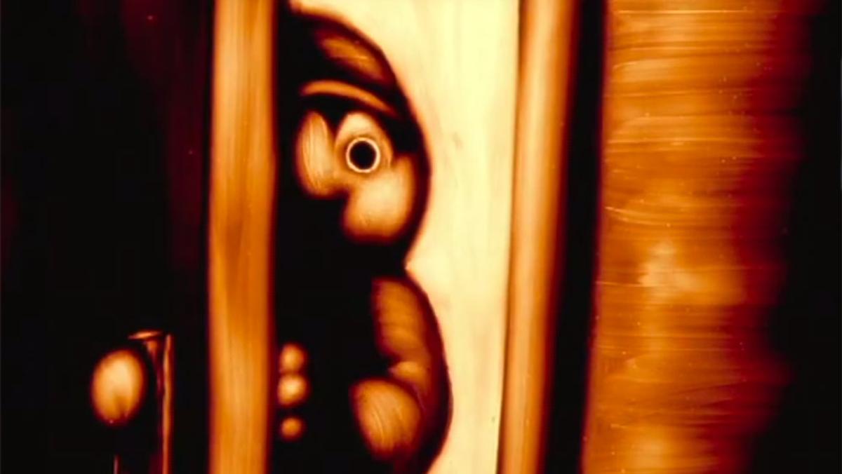 A painting of a wide-eyed figure peeking through a slightly opened door in warm sepia tones.