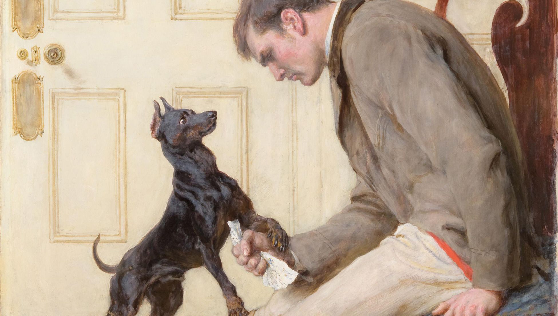 Painting of a man sitting, holding a crumpled letter while a black dog stands with its paw on his knee by a closed door.