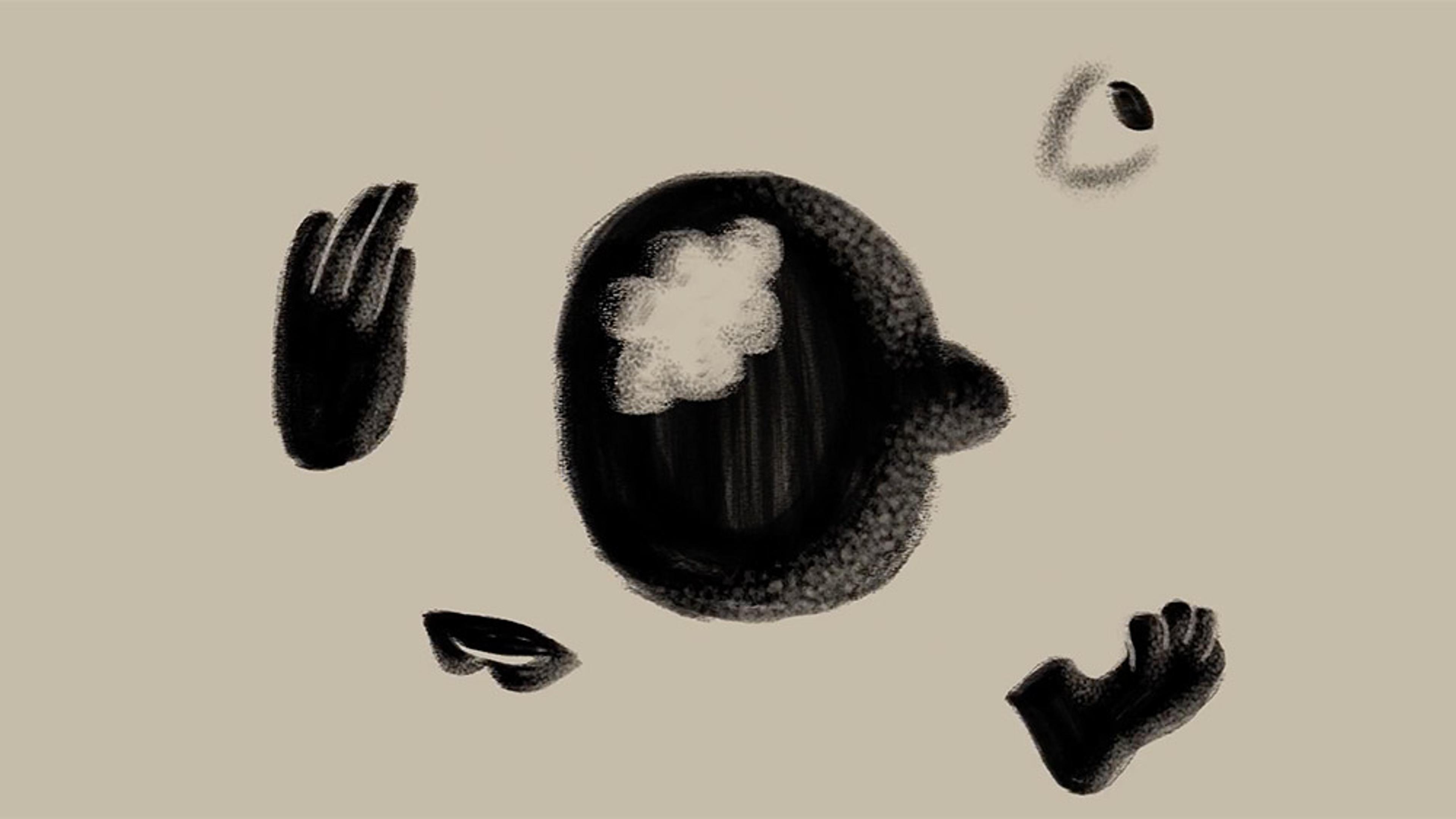 Abstract drawing of black and white shapes resembling disjointed body parts on a beige background, including a face, hands and an eye.