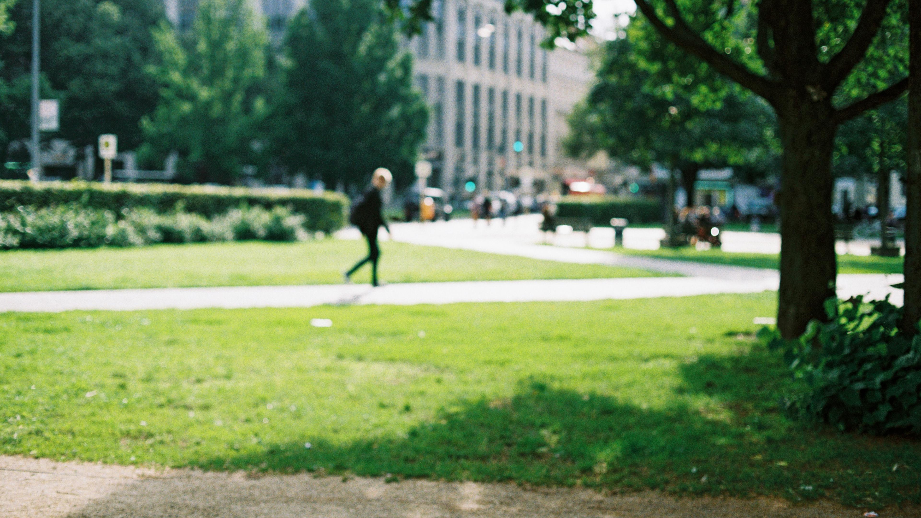 Blurred photo of a park with a person walking on a path trees and buildings in the background.