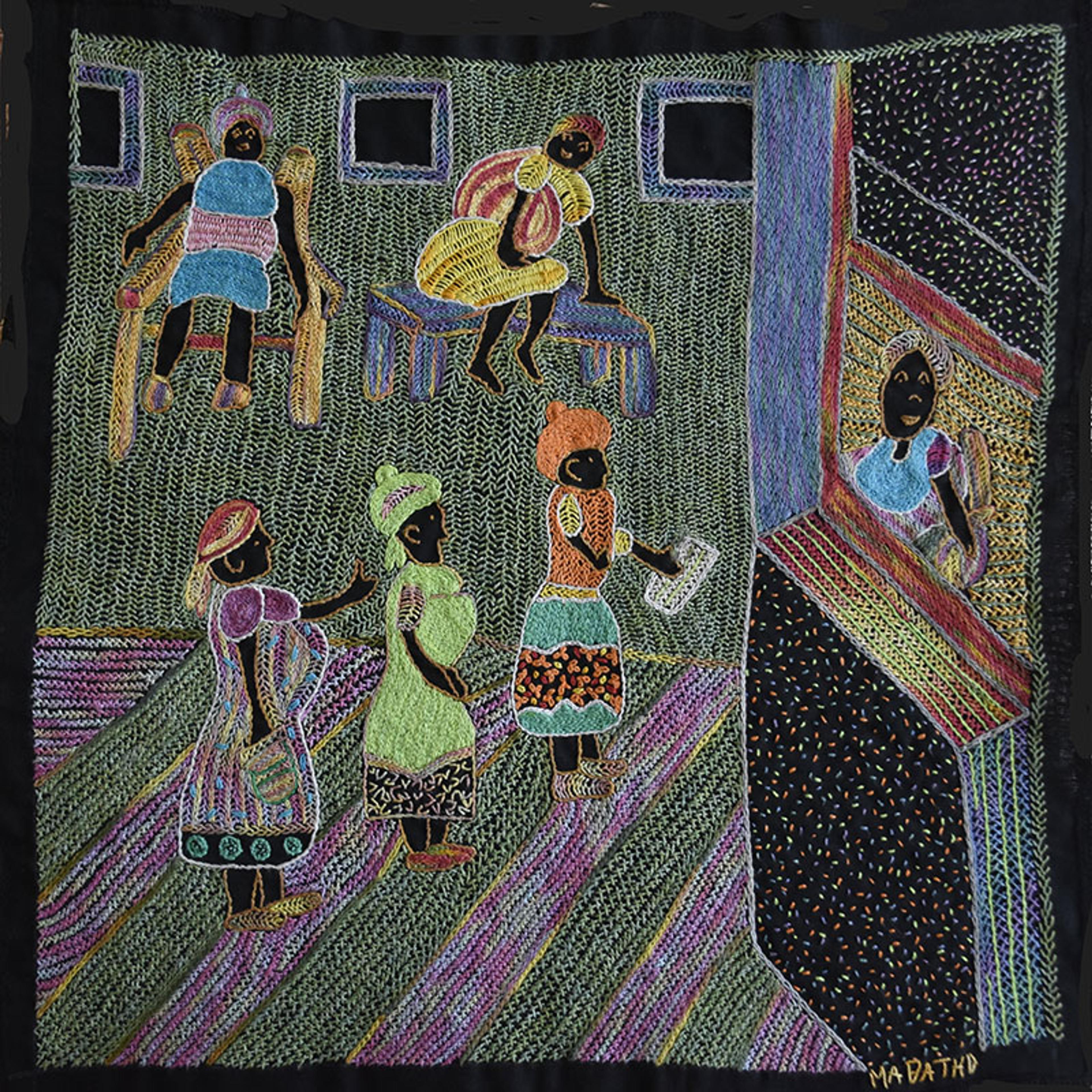 Embroidered artwork depicting women queuing and waiting in a hospital admissions room.