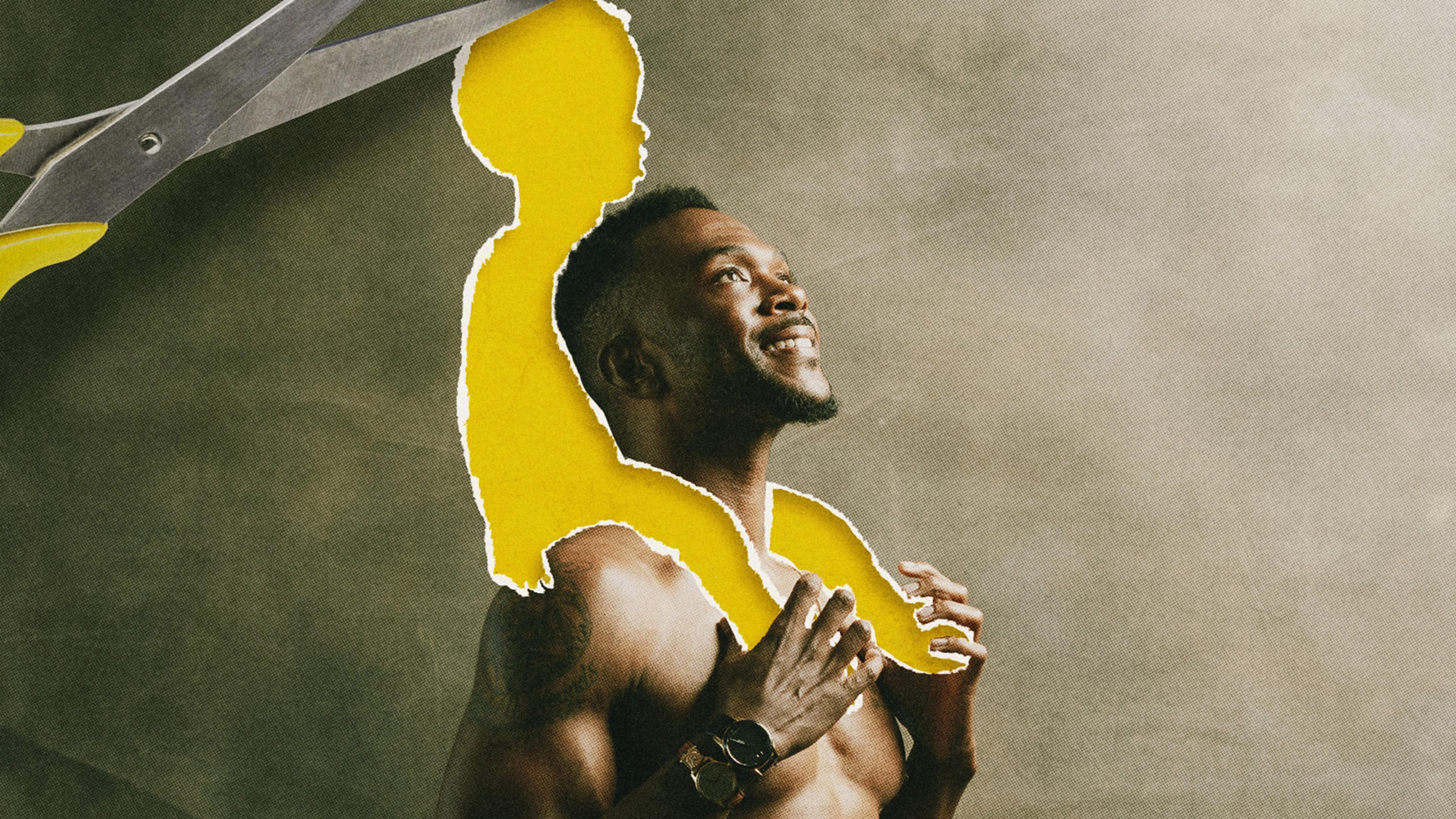 A smiling shirtless man with the outline of a child, as if cut out by scissors, sitting on his shoulders.