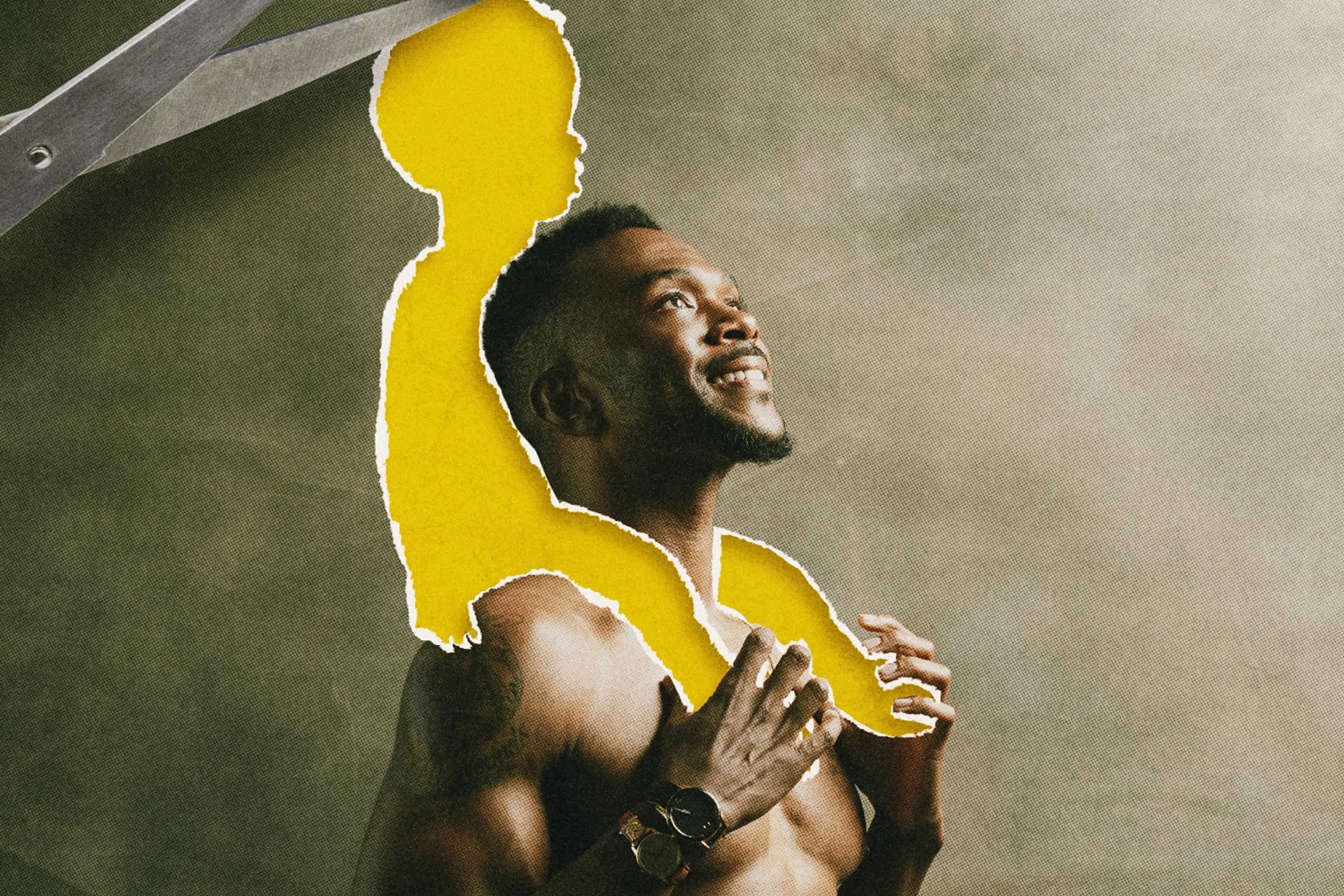A smiling shirtless man with the outline of a child, as if cut out by scissors, sitting on his shoulders.