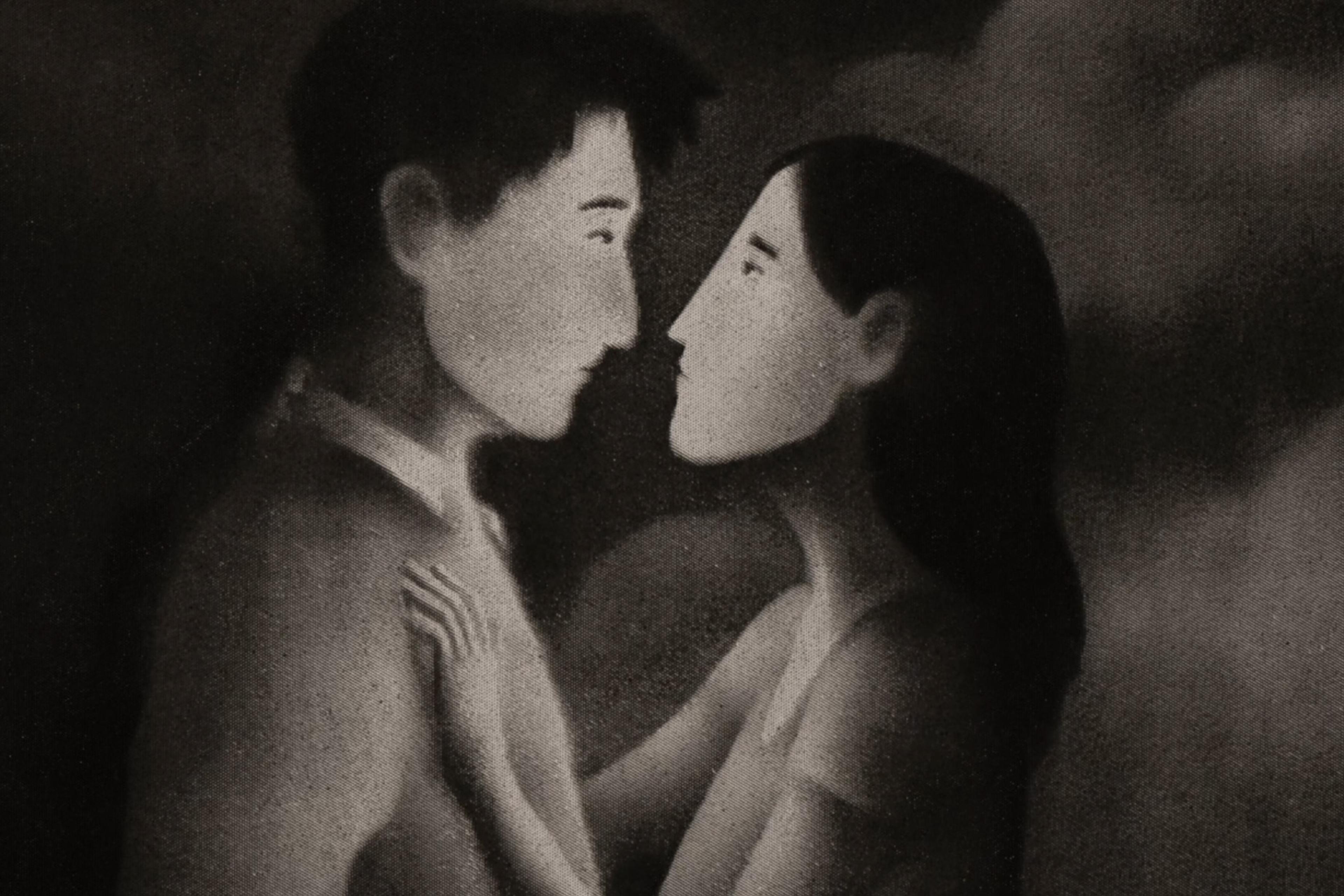 A monochrome illustration of two people facing each other closely, about to embrace, set against a dark, blurred background.