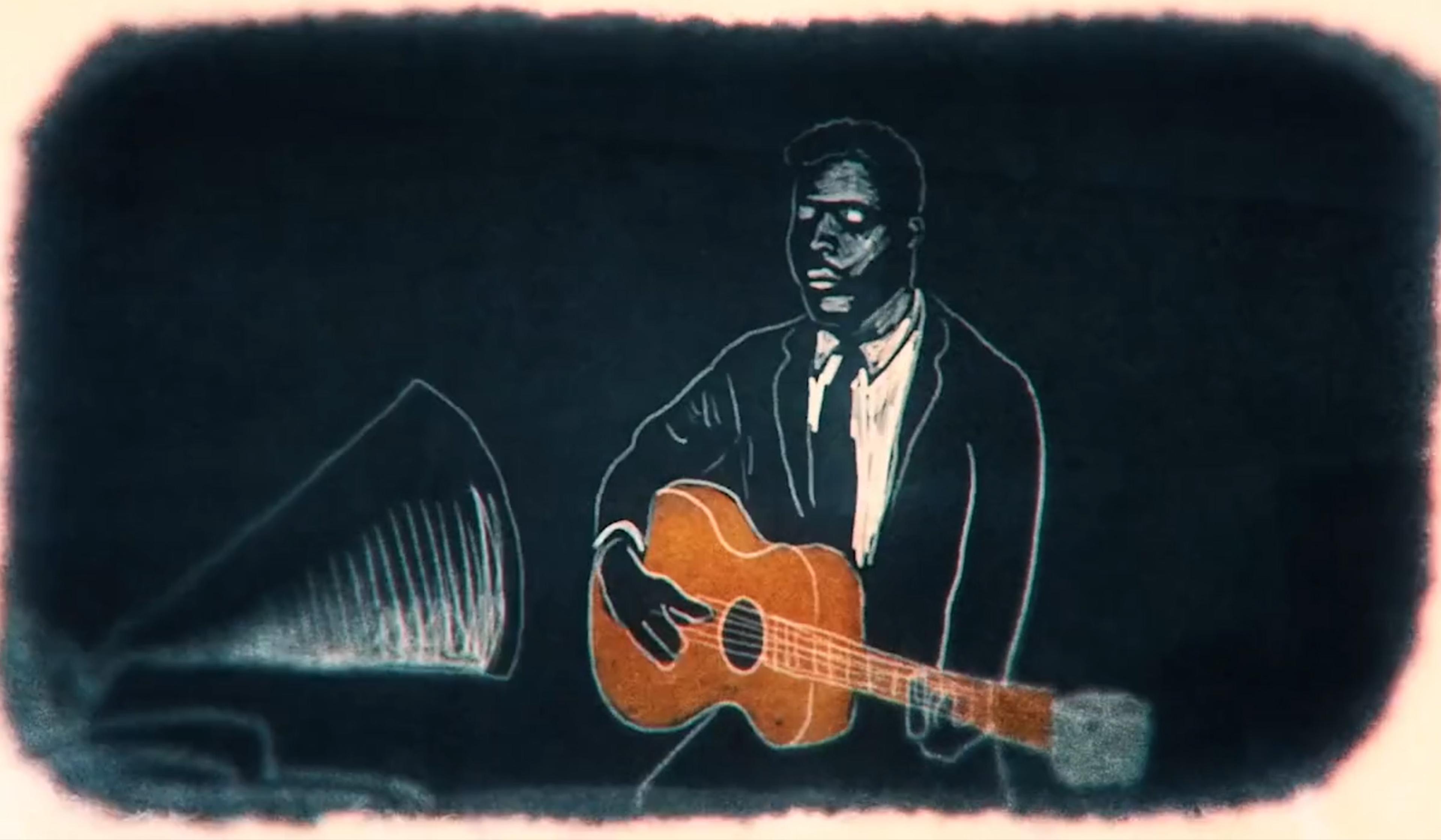Illustration of a man in a suit playing an acoustic guitar near a phonograph, set against a dark background.