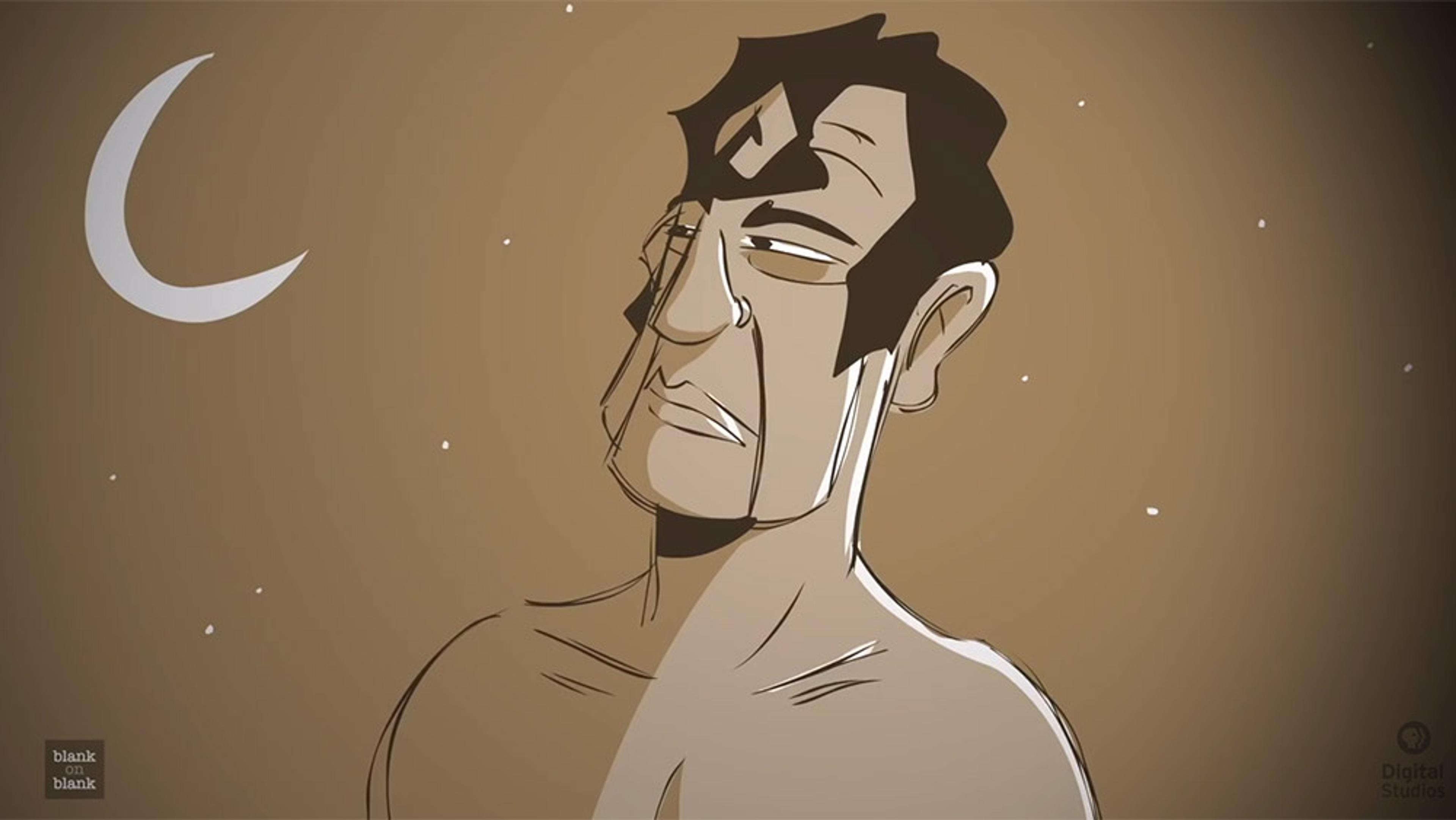 Stylised animated drawing of a contemplative man under a crescent moon amid a brownish, softly lit night sky.
