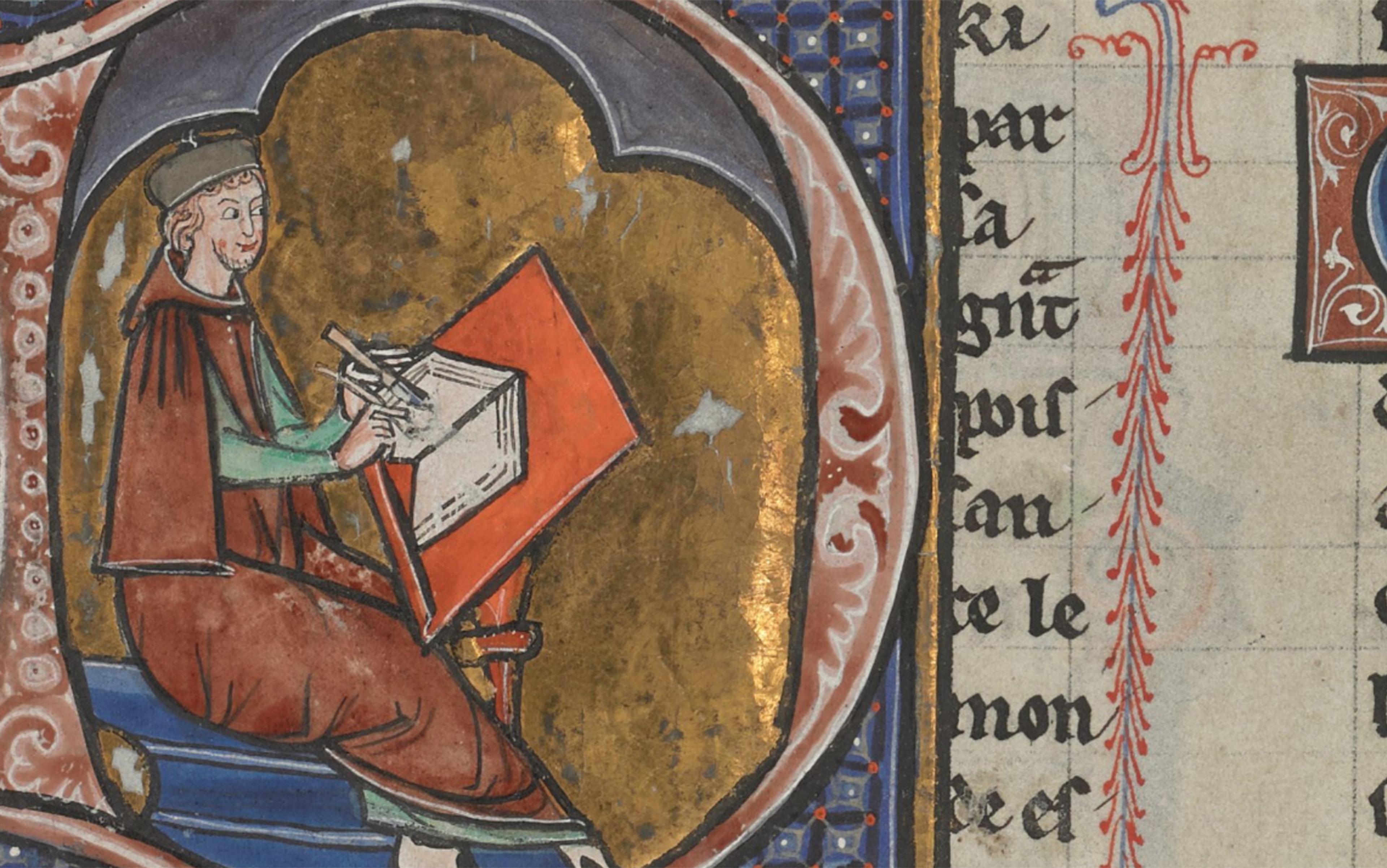 Medieval manuscript illustration of a person writing in a book, surrounded by a golden and decorative frame with text on the right side.