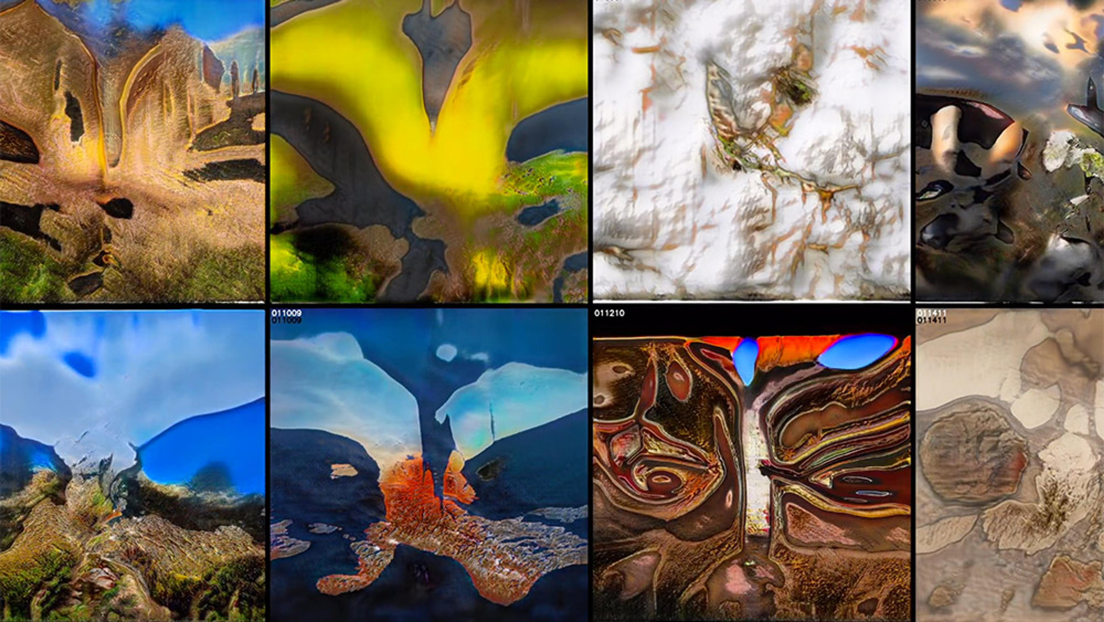 Abstract paintings each with distinct, vibrant patterns and colours arranged in a 3 by 3 grid.