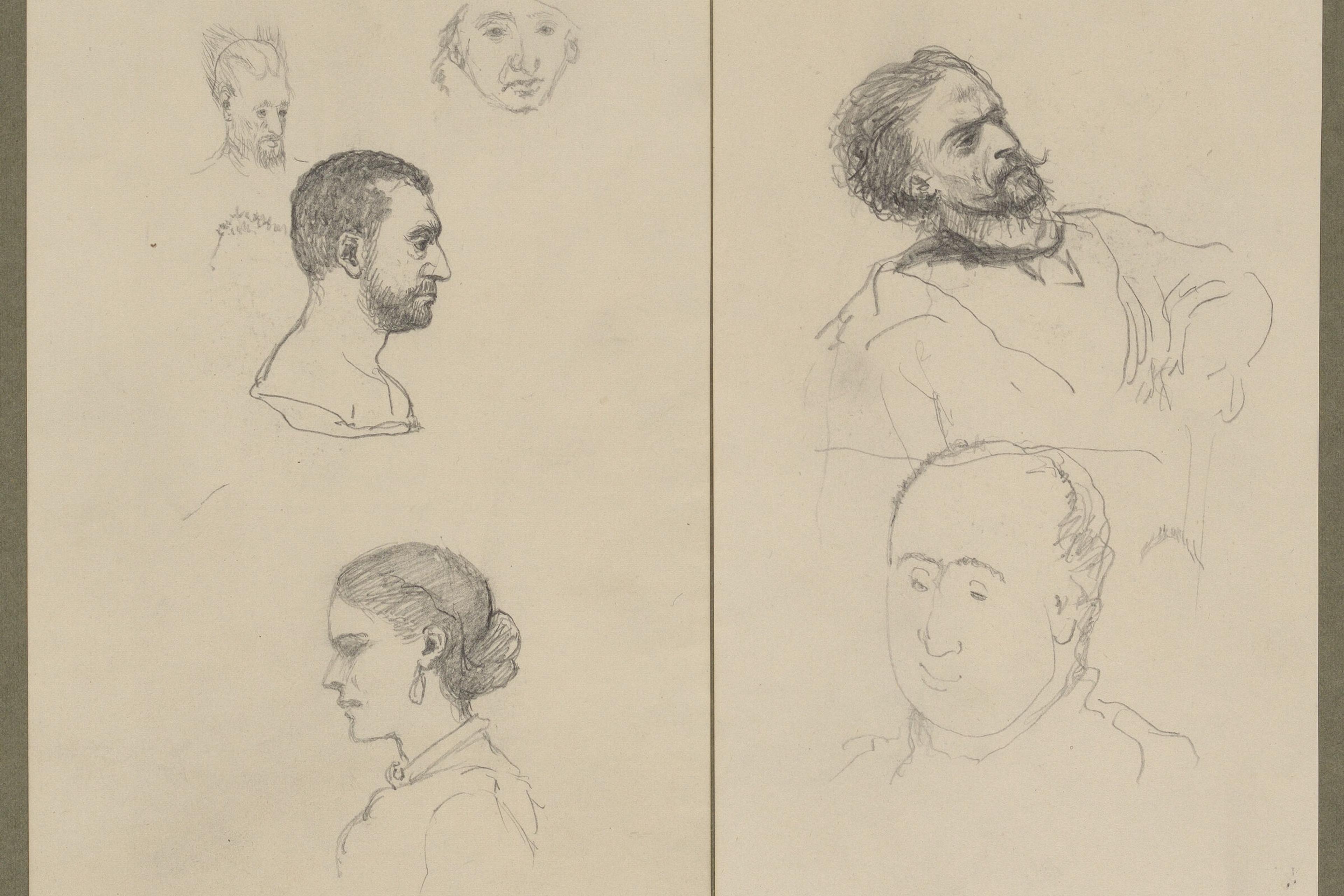 Pencil sketches of six faces and profiles on paper including bearded men and a woman with hair tied back.