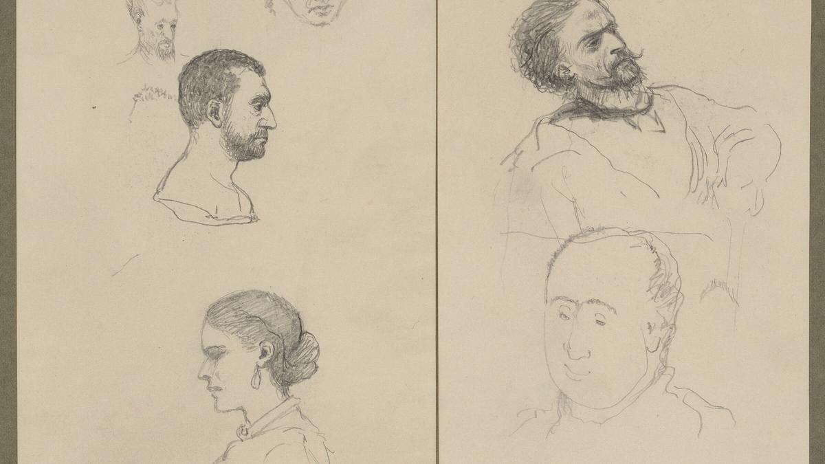 Pencil sketches of six faces and profiles on paper including bearded men and a woman with hair tied back.