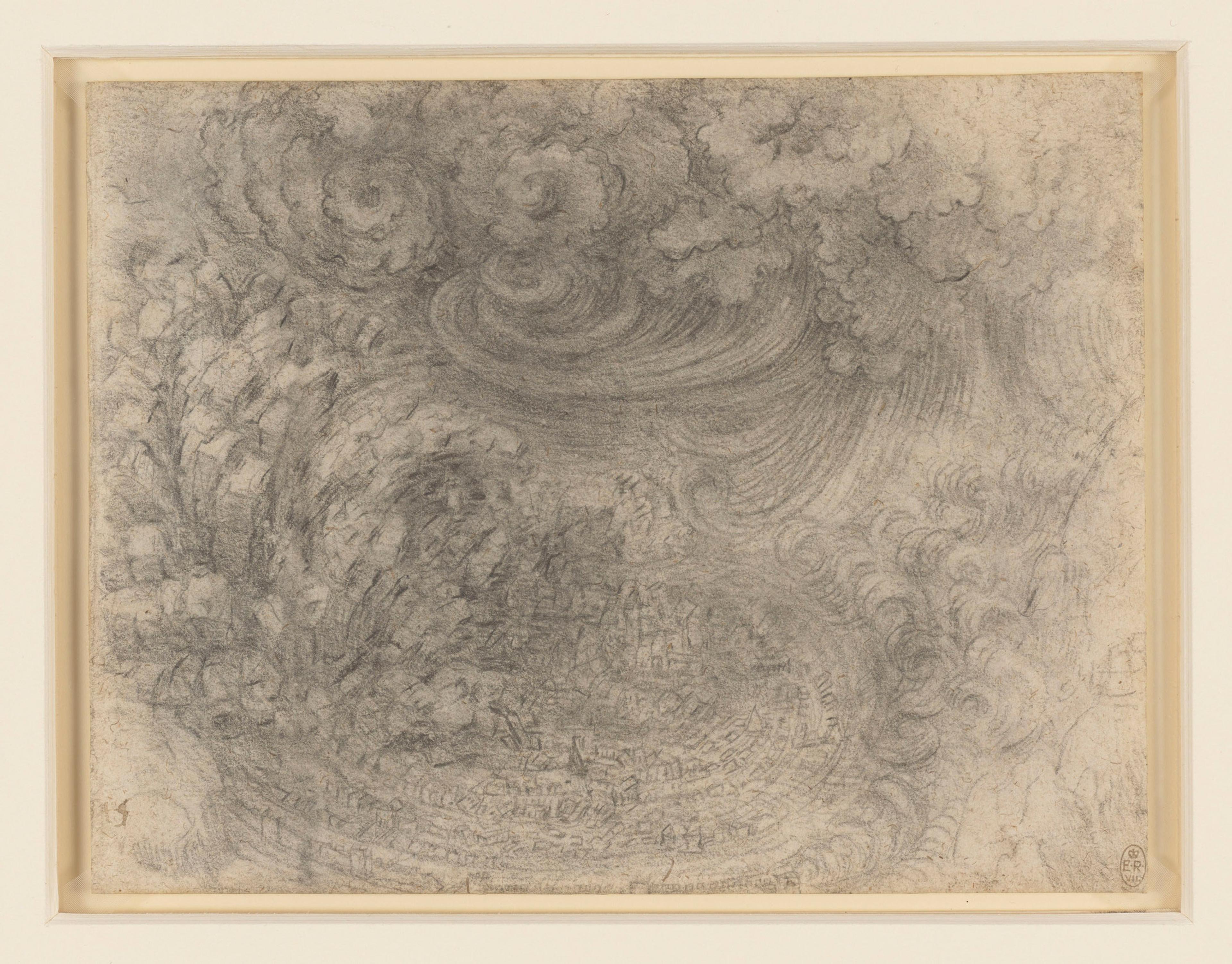 Pencil drawing depicting swirling clouds and indistinct shapes, suggestive of a tumultuous landscape or storm, set in a beige frame.