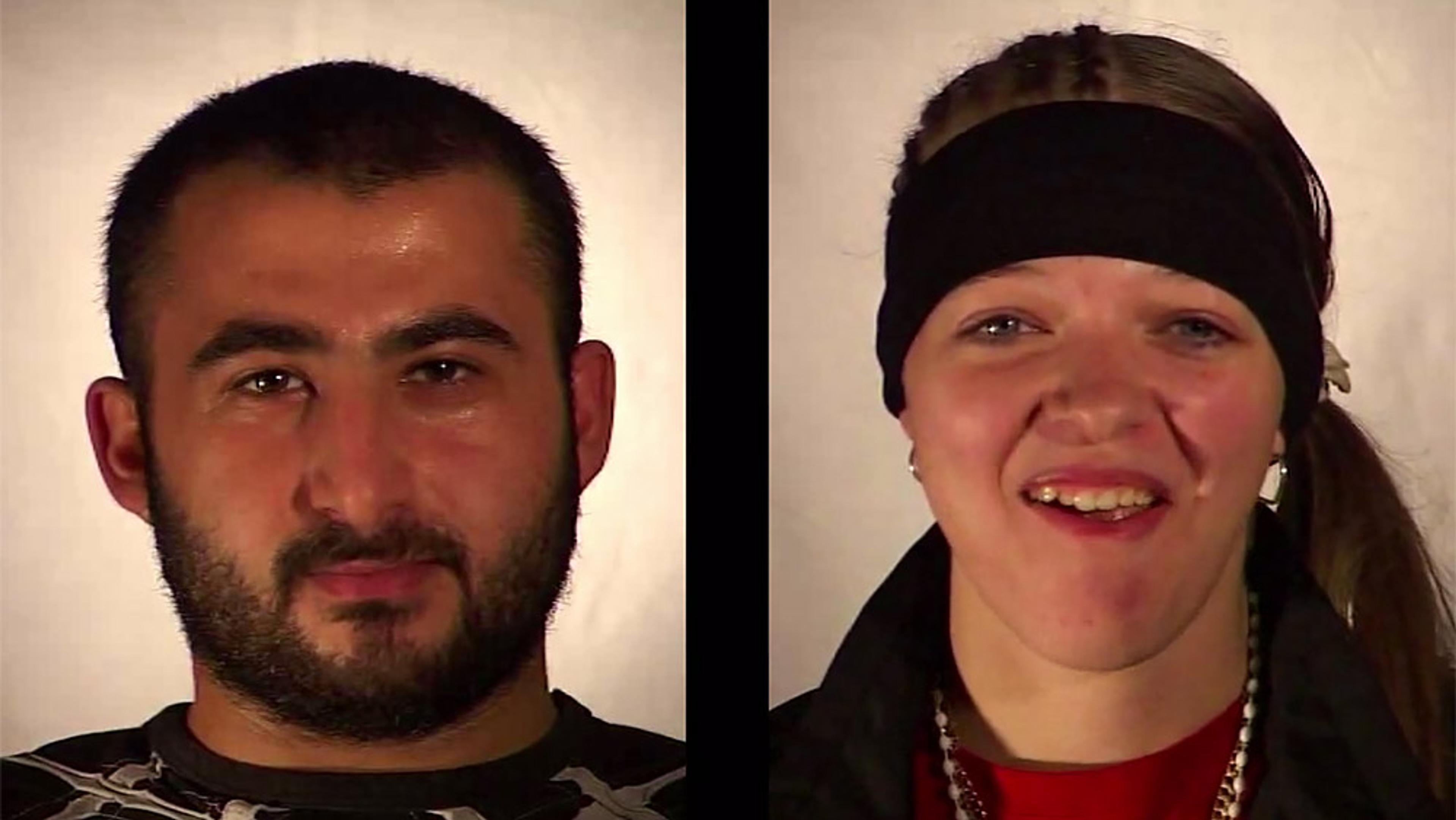 A photo of a man with a beard beside a photo of a woman with a headband, both against a plain light background.