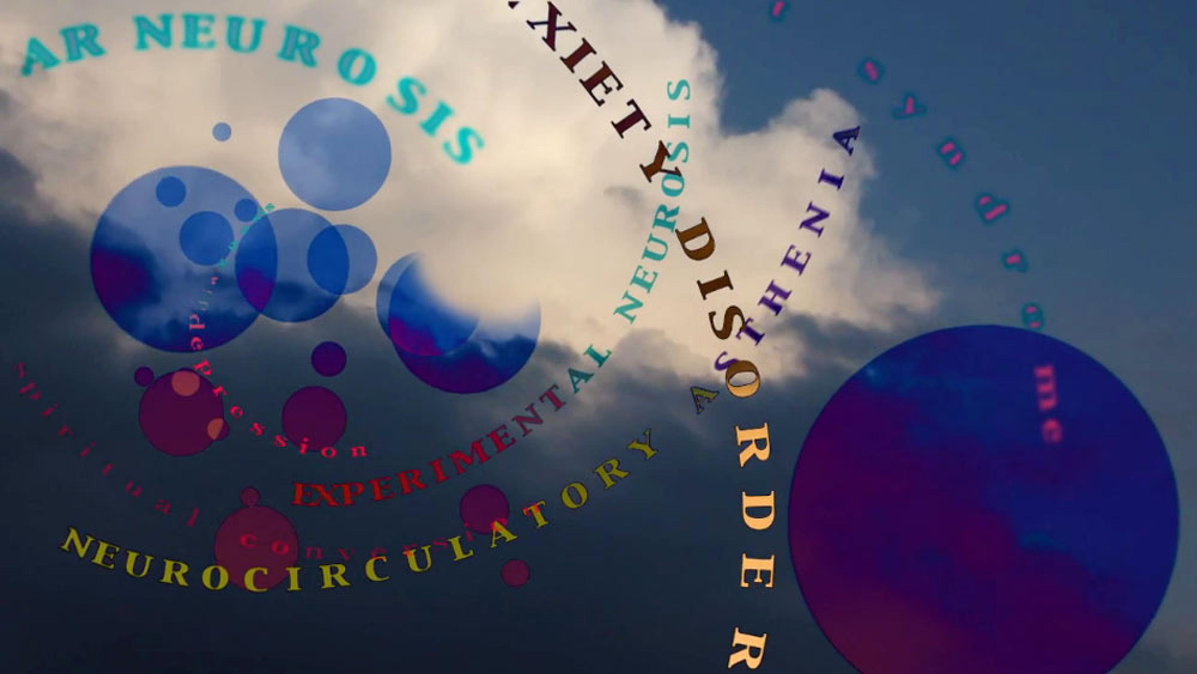 Abstract digital art featuring a cloudy sky background with colourful circular text and overlapping bubbles, expressing mental health concepts.