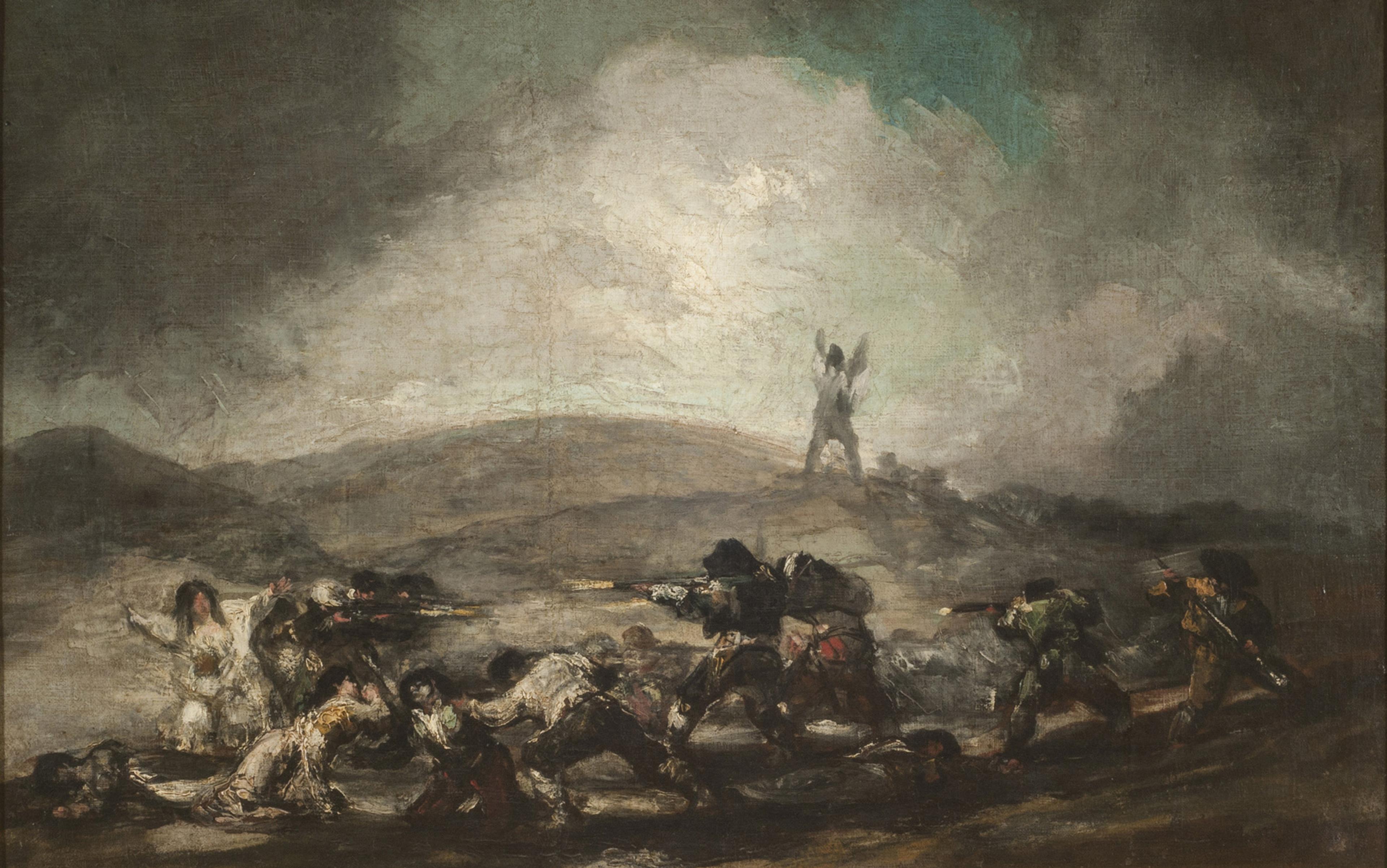 Painting of a group of soldiers aiming rifles, preparing to shoot kneeling and fallen prisoners, with a person surrendering in the background. Dark, dramatic sky.