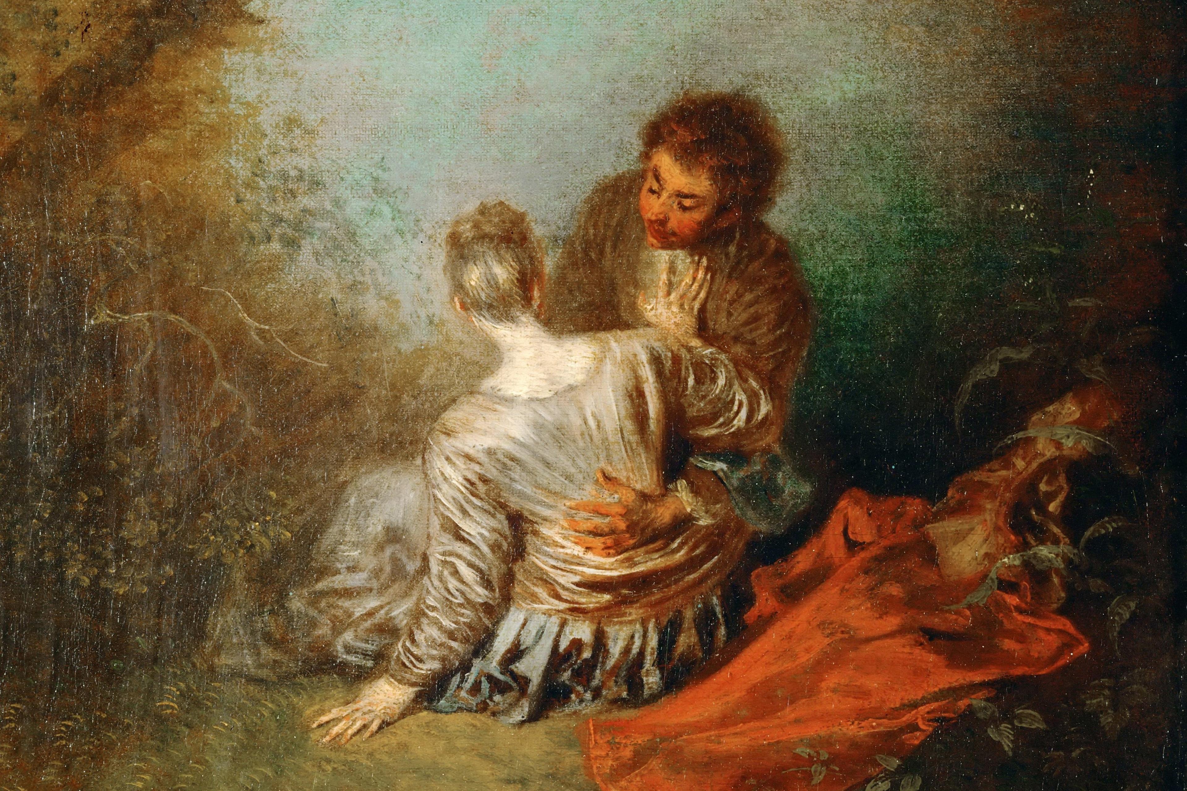 A romantic 18th-century painting depicting a seated couple embracing in a lush garden scene with soft, earthy tones.