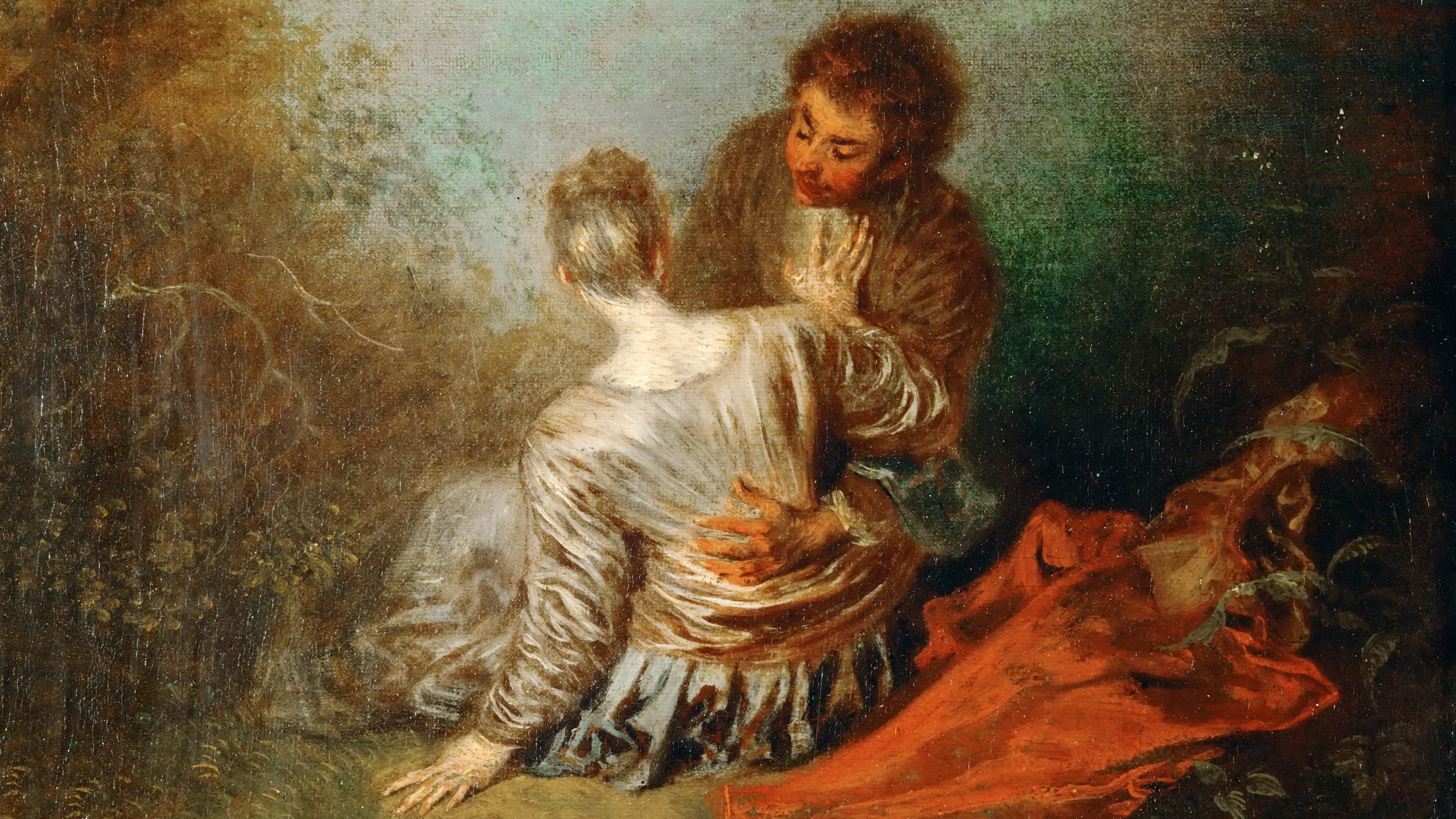 A romantic 18th-century painting depicting a seated couple embracing in a lush garden scene with soft, earthy tones.