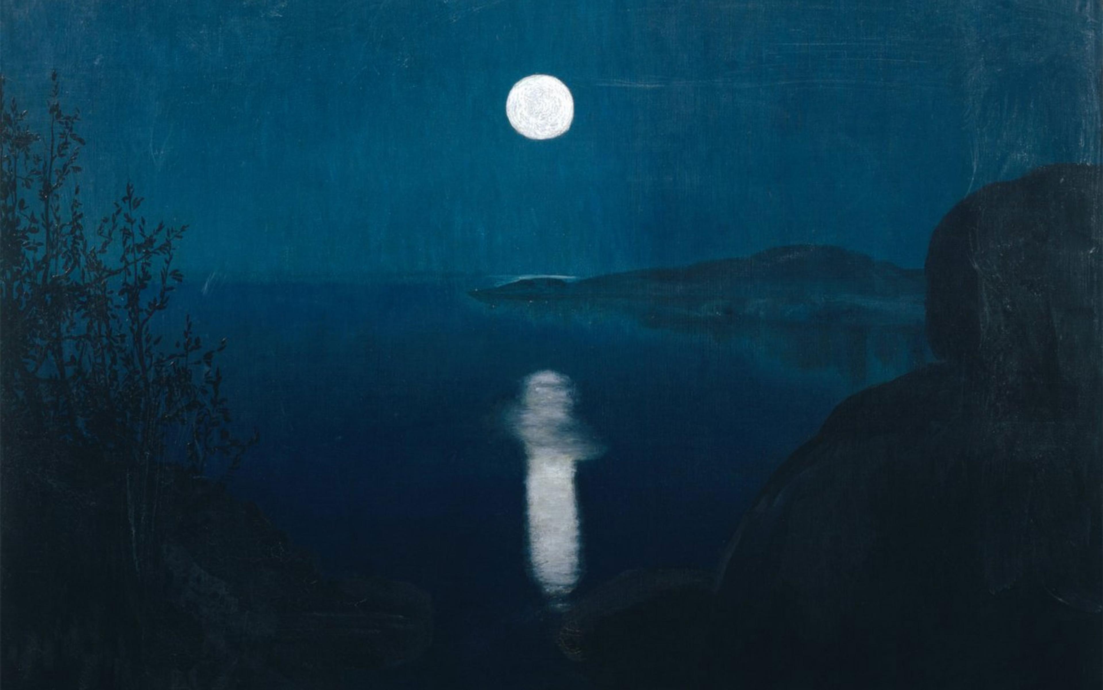 Painting of a serene night scene with a full moon reflecting on a dark blue lake surrounded by silhouettes of rocks and trees.