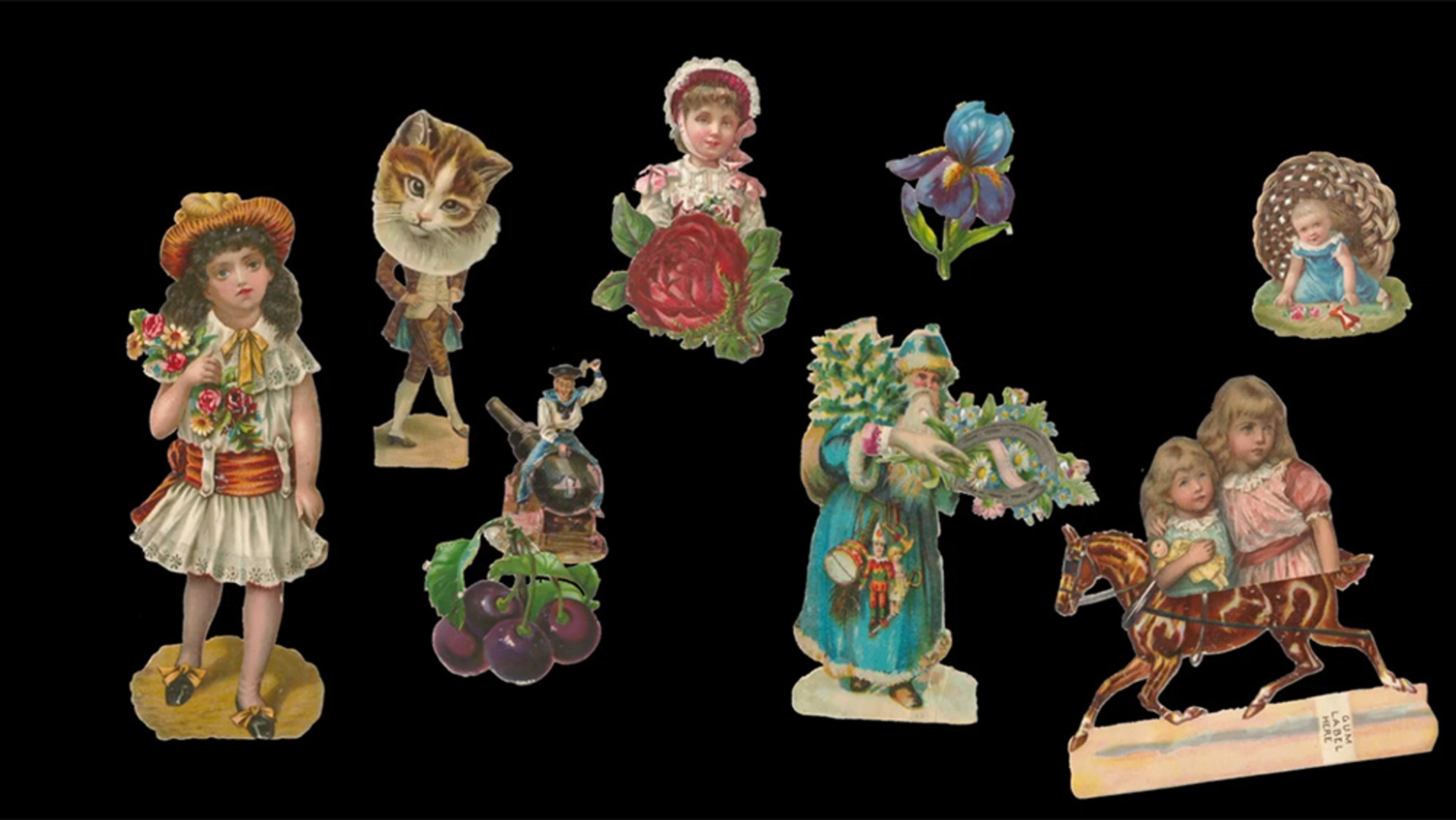 A collage of vintage paper cut-outs featuring children, flowers, a cat-faced figure, and a toy horse.