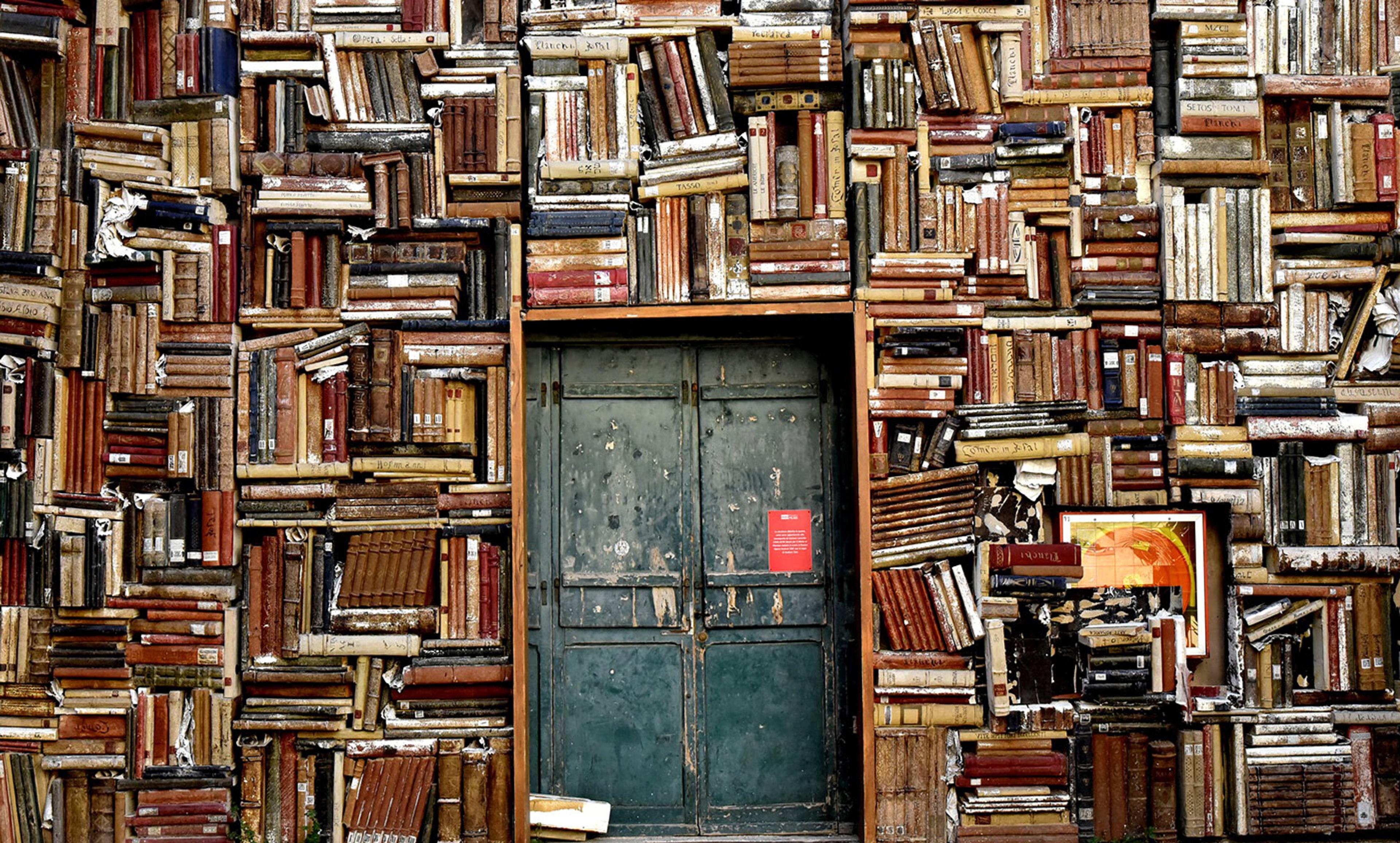 A wall filled with numerous old books and a weathered green double door in the centre, creating a scholarly scene.