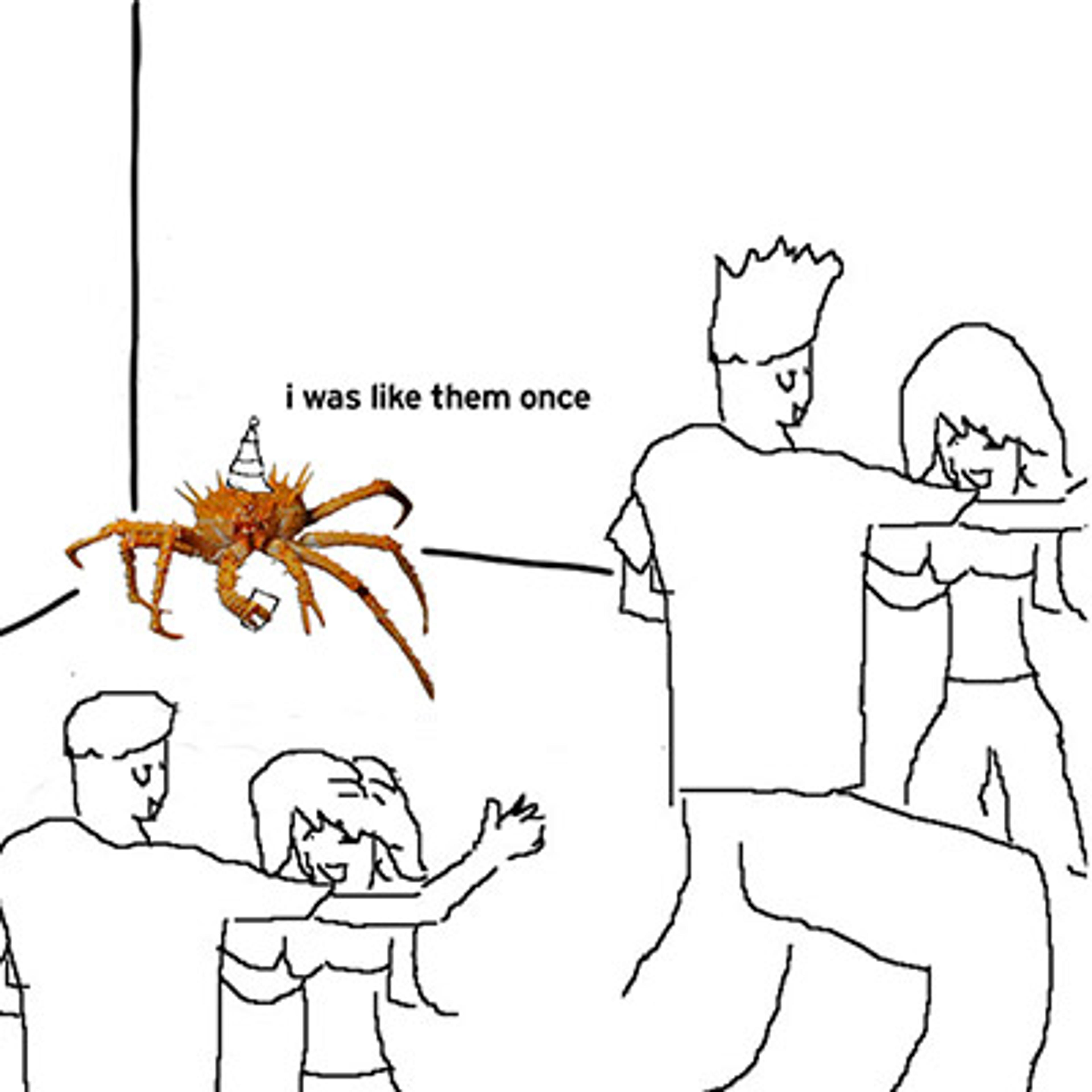 Illustration of a party with couples dancing and a crab in the corner saying “I was like them once” with a party hat.