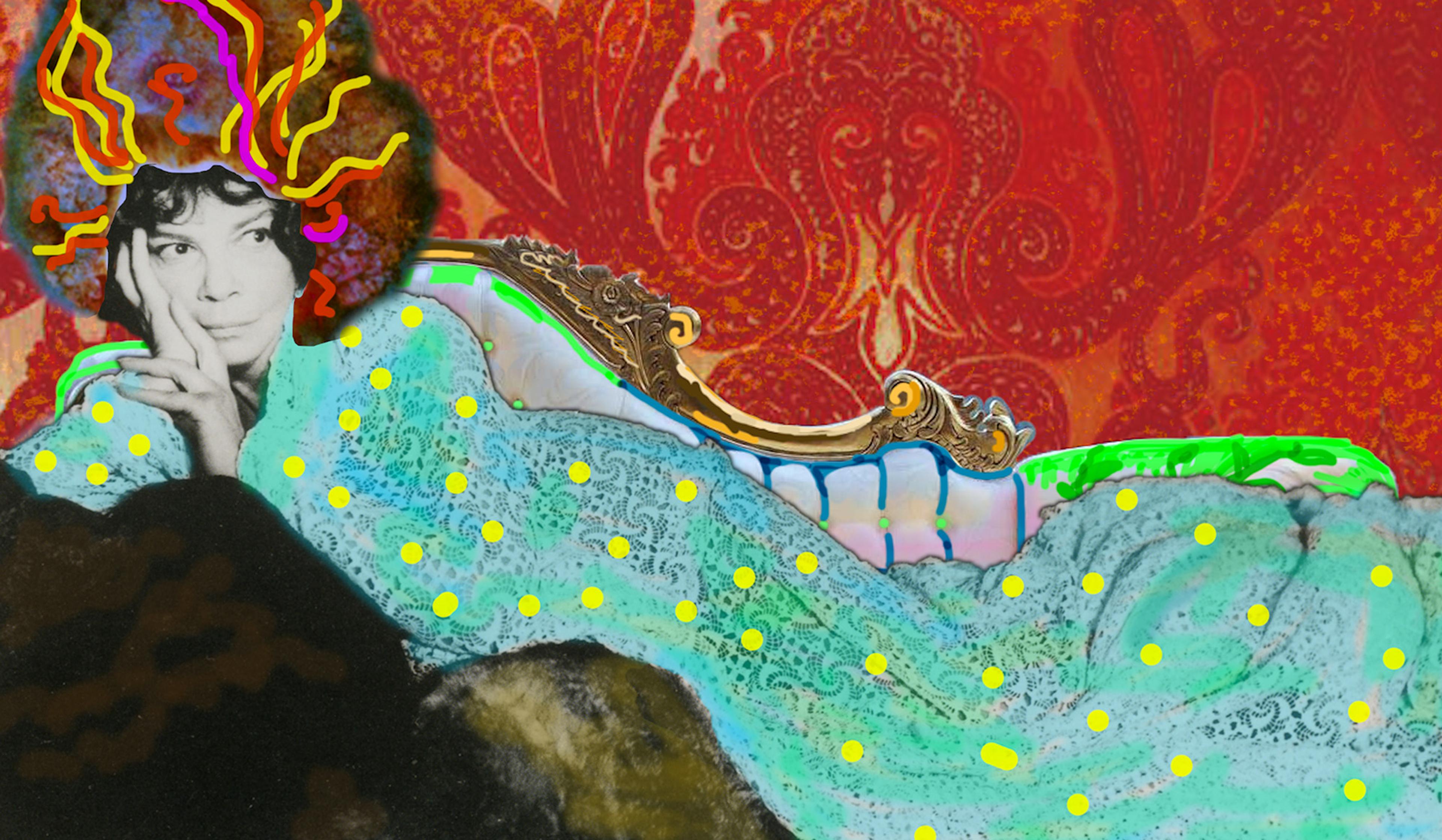 Abstract artwork of a person lying on a vintage couch, with a colourful and patterned background and vivid highlights on the blanket and hair.