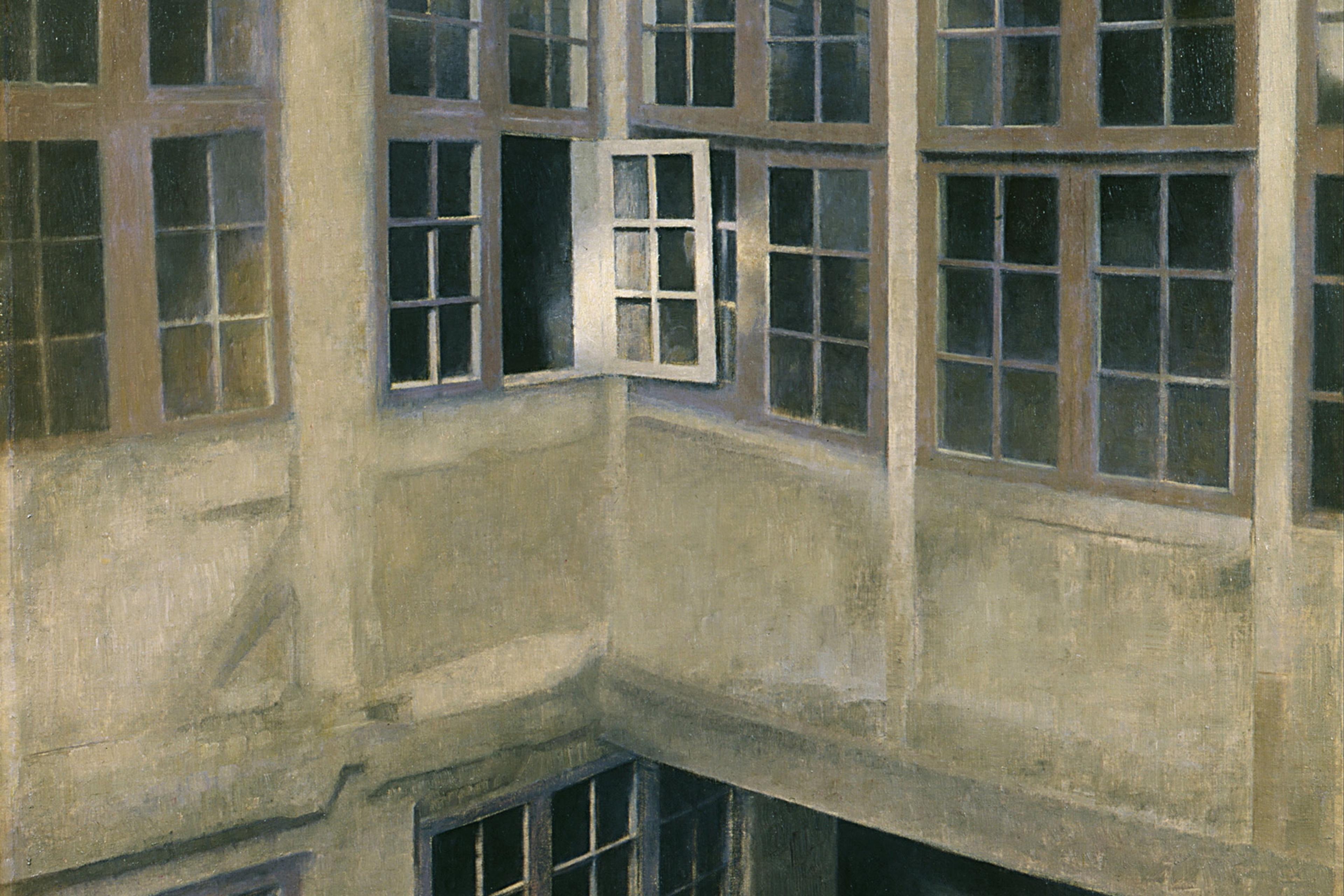 Painting of a courtyard with multiple windows, mostly closed, and one open window letting light into a shadowy corner.
