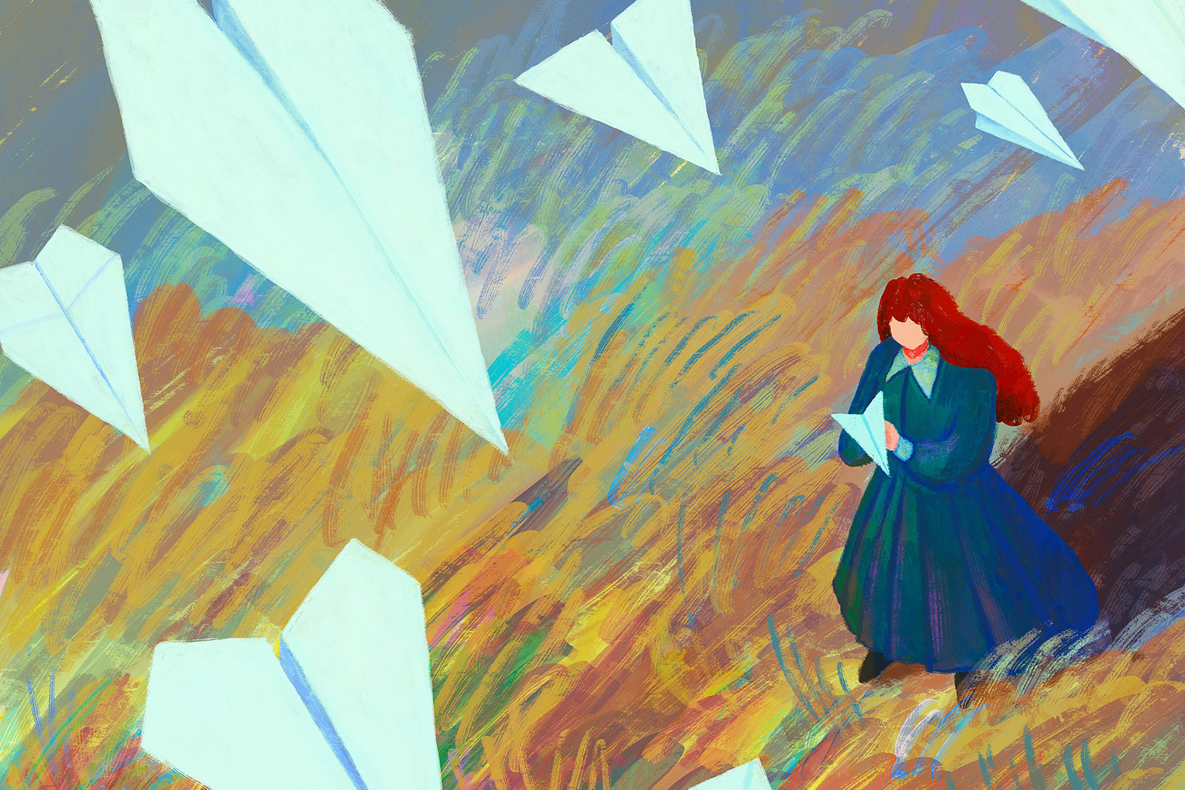 Painting of a woman in a field with paper aeroplanes flying around her, holding one. The background is colourful and abstract.