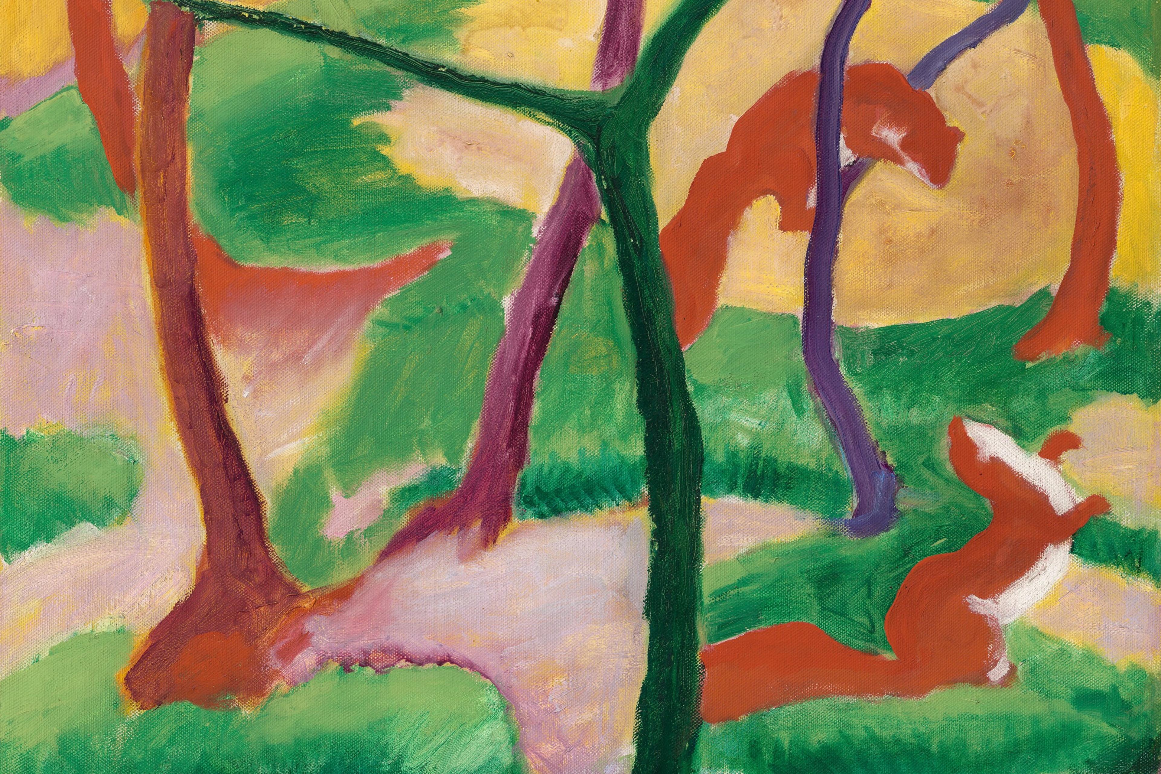 Painting of two weasels playing among trees in a vibrantly coloured landscape.