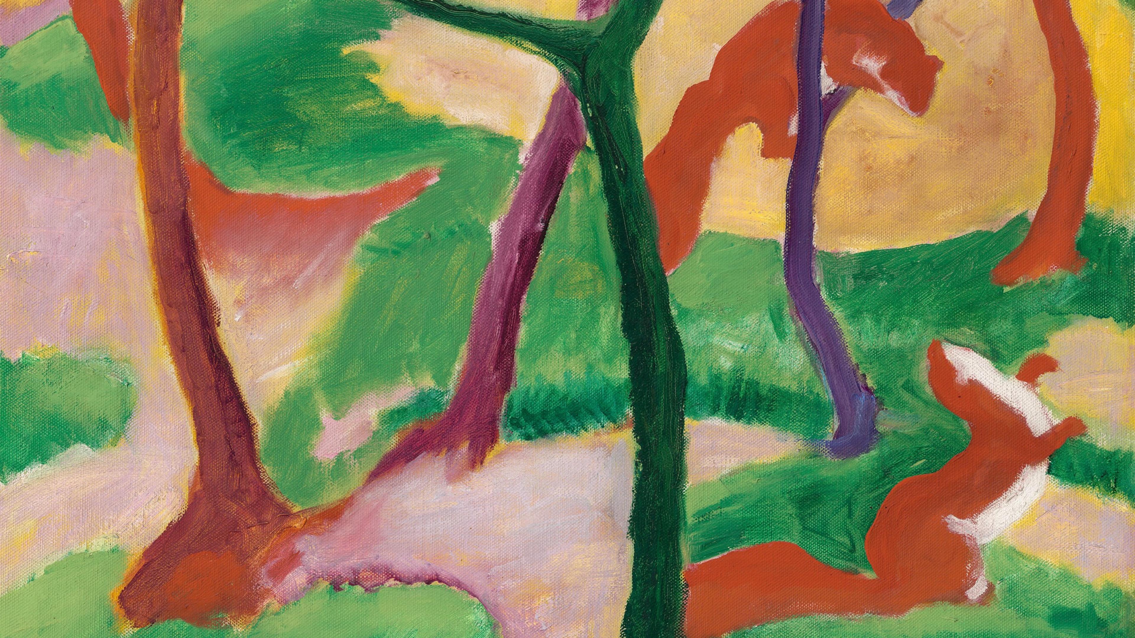 Painting of two weasels playing among trees in a vibrantly coloured landscape.