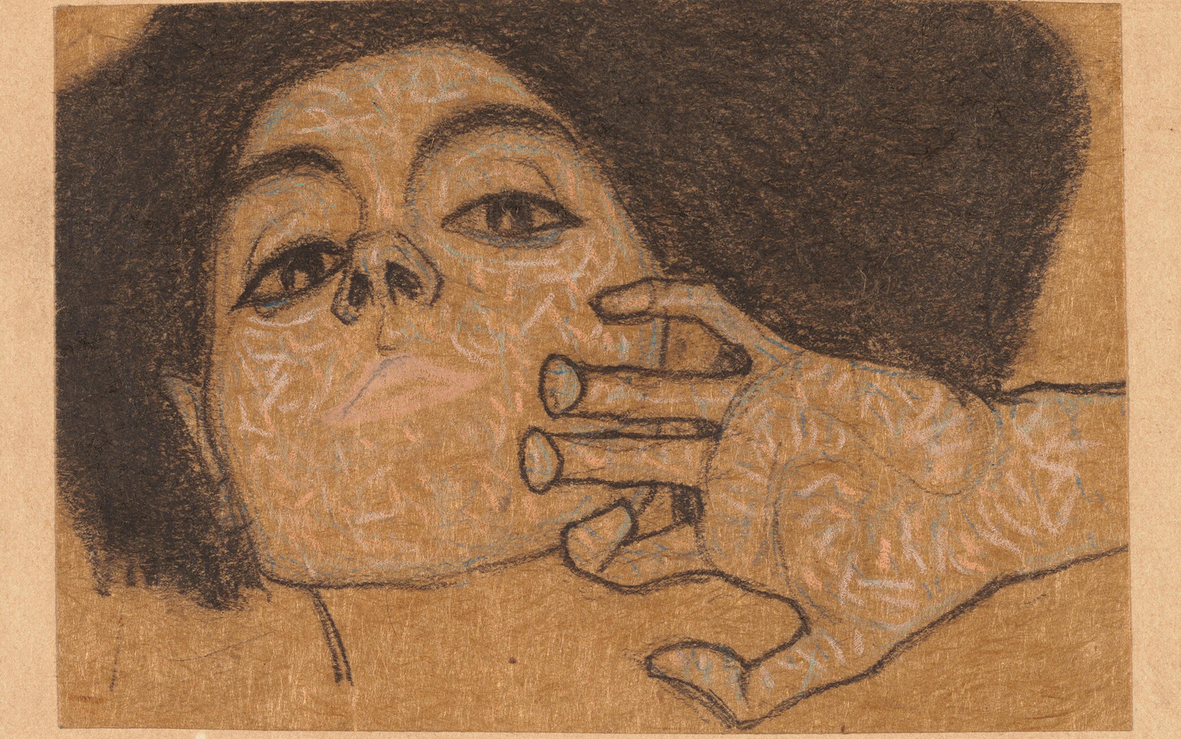A close-up drawing of a face with detailed patterns and a hand touching the face, using earthy tones and texture on a brown background.