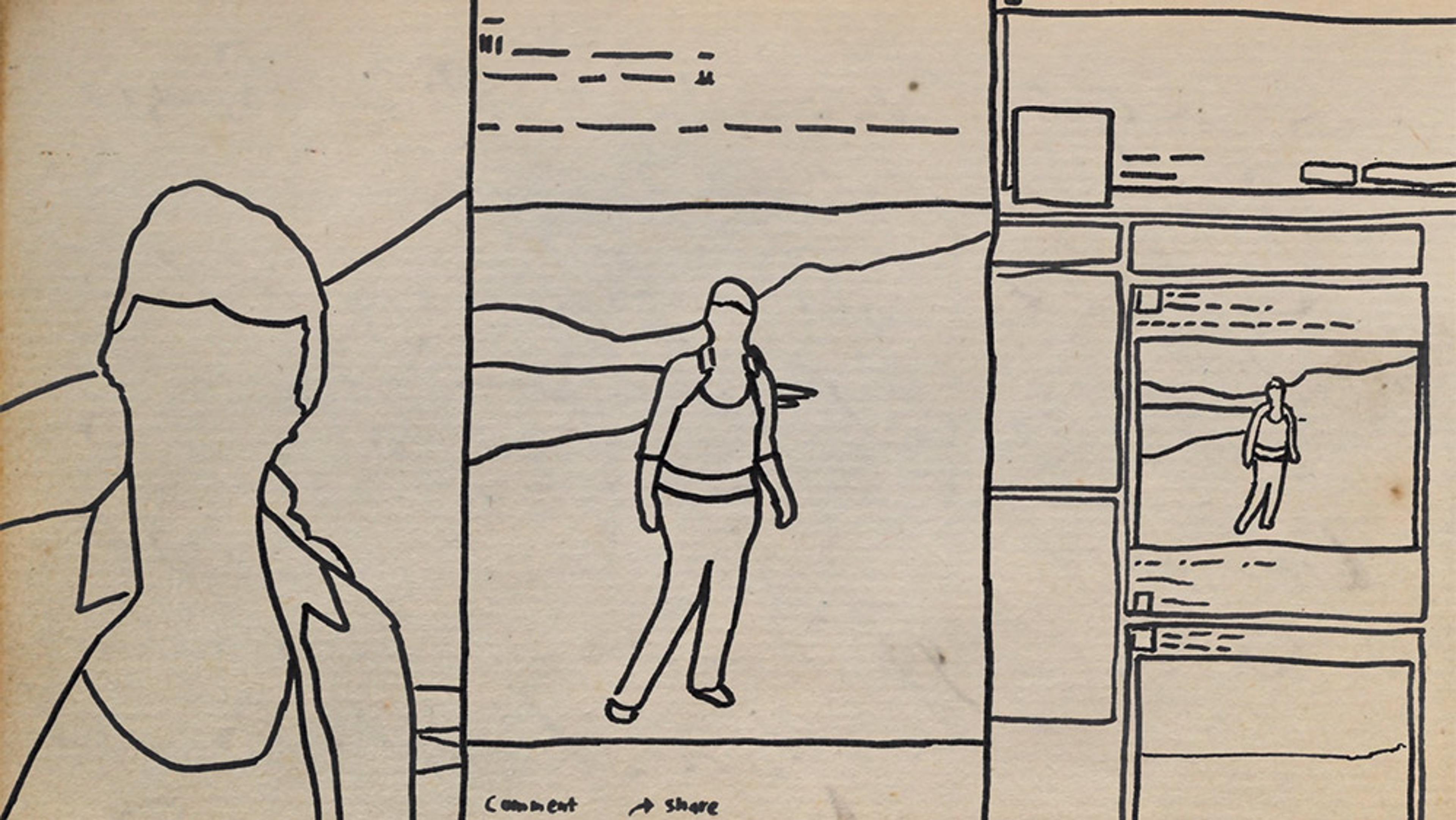 Line drawing of a person in outdoor clothing standing in a landscape, divided into thirds; style resembles social media layout.