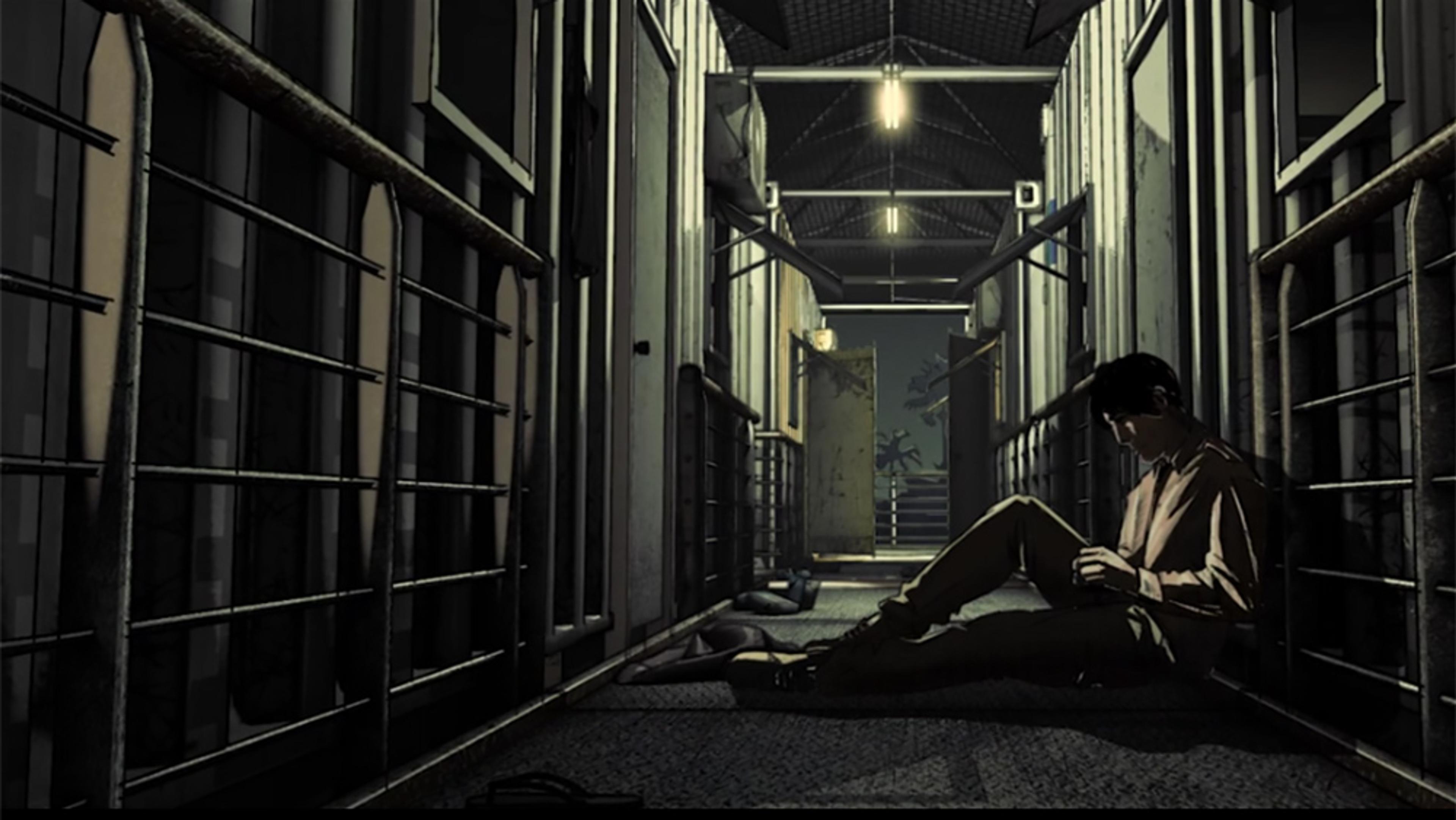 Illustration of a dimly lit corridor with a person sitting against the wall, reading, surrounded by railings and closed doors.