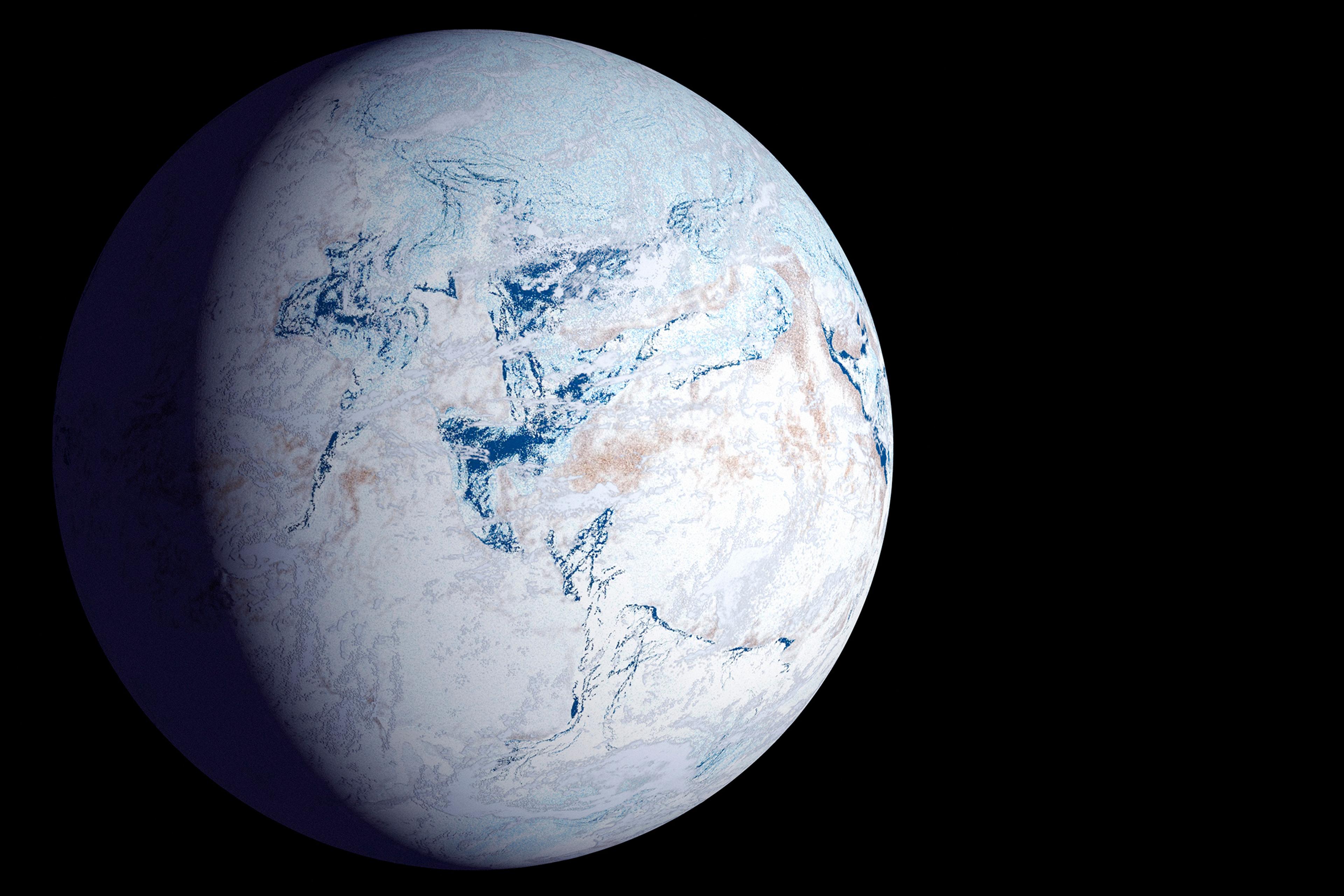 Image of a digitally rendered icy Earth-like planet in space with shadowed left side and visible landmasses.