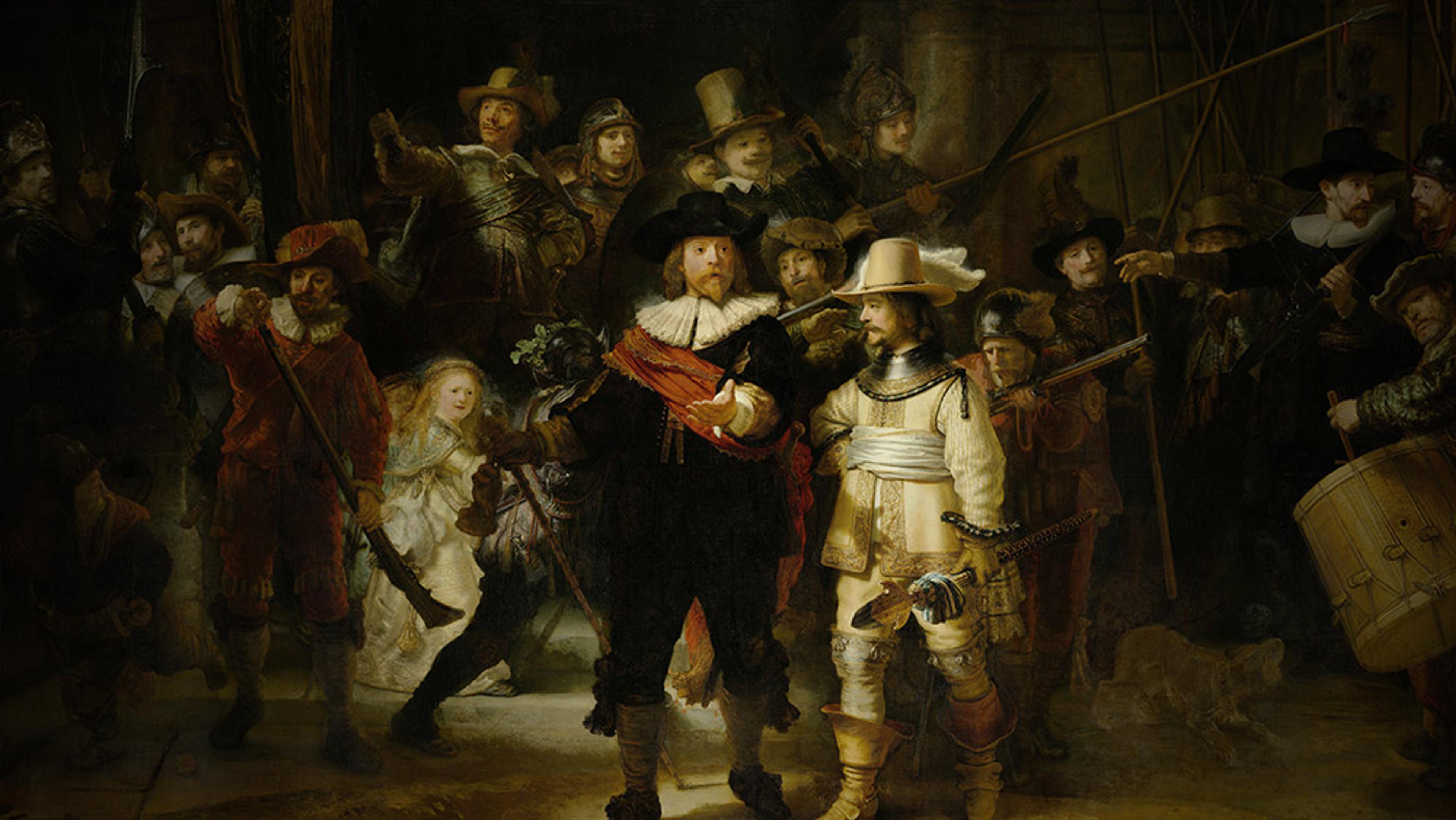 A painting of armed men led by two central figures, including a young girl, others with spears and a drum, in a dark environment.