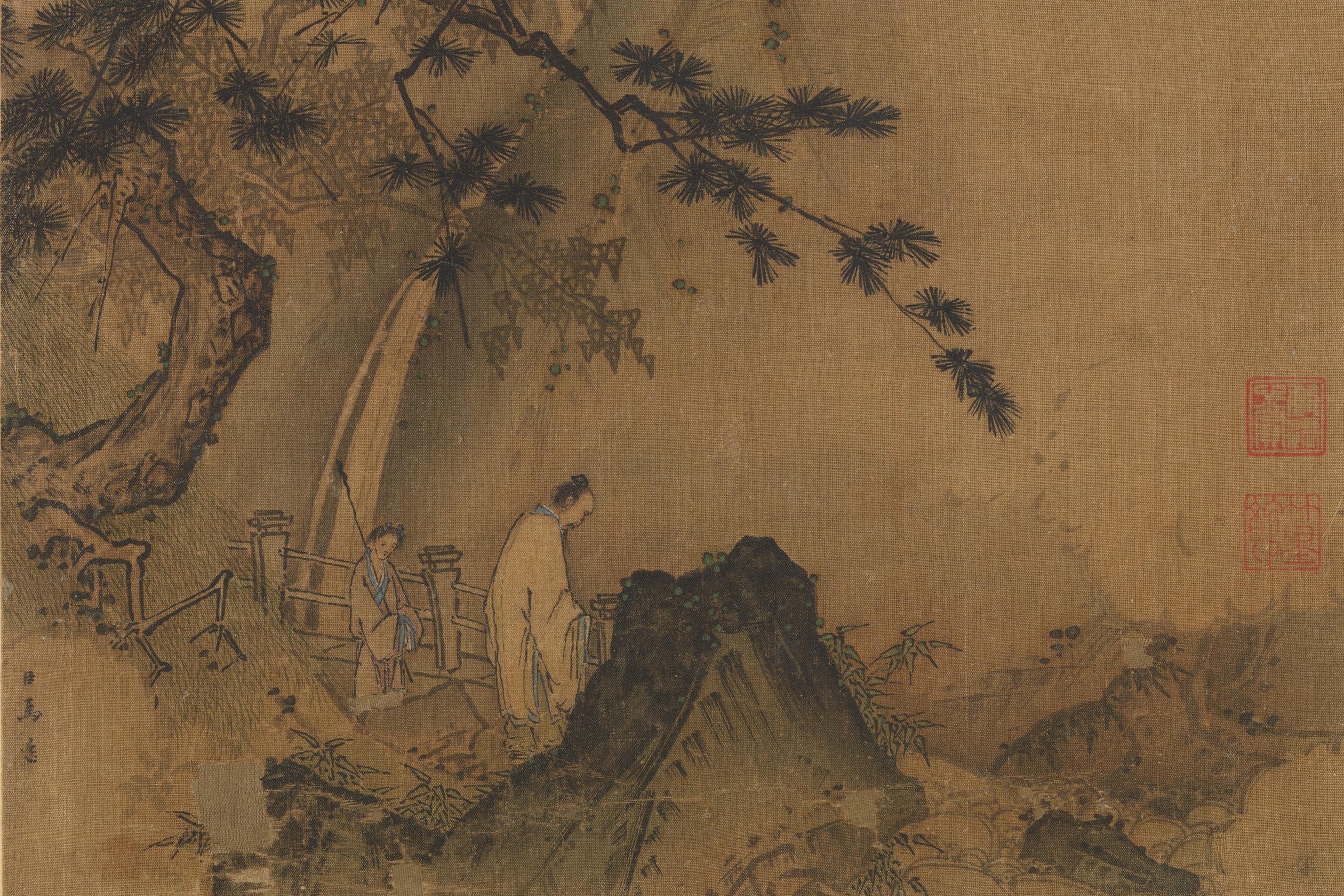 Ancient painting of two figures under a pine tree with mountains in the background, in traditional East Asian style.