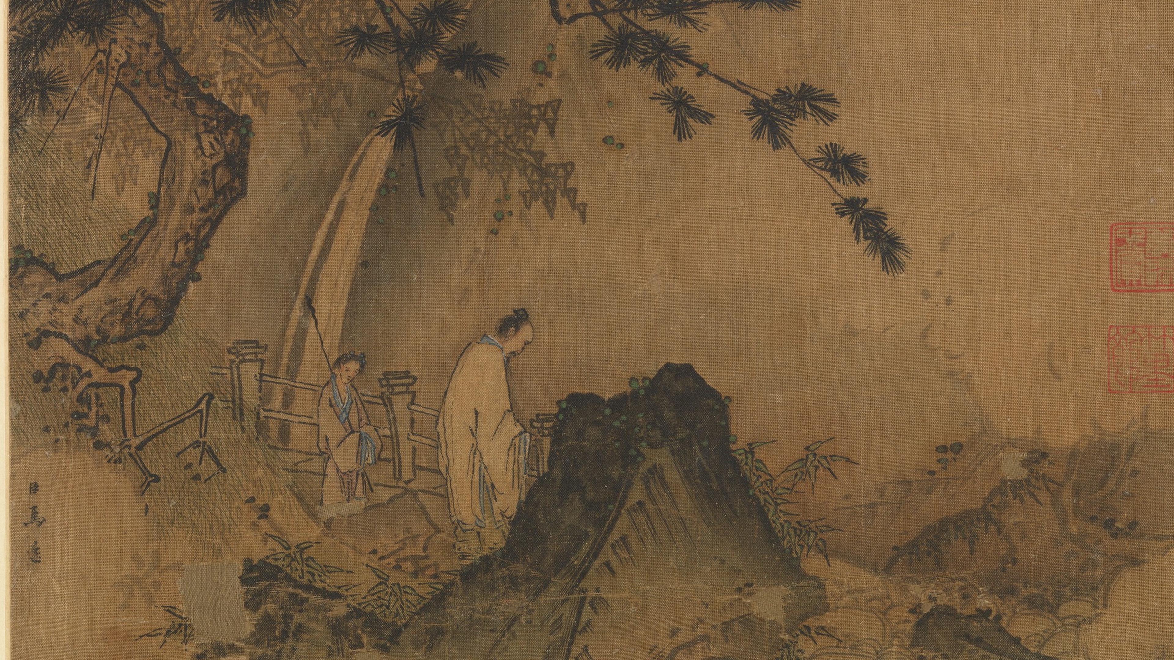 Ancient painting of two figures under a pine tree with mountains in the background, in traditional East Asian style.