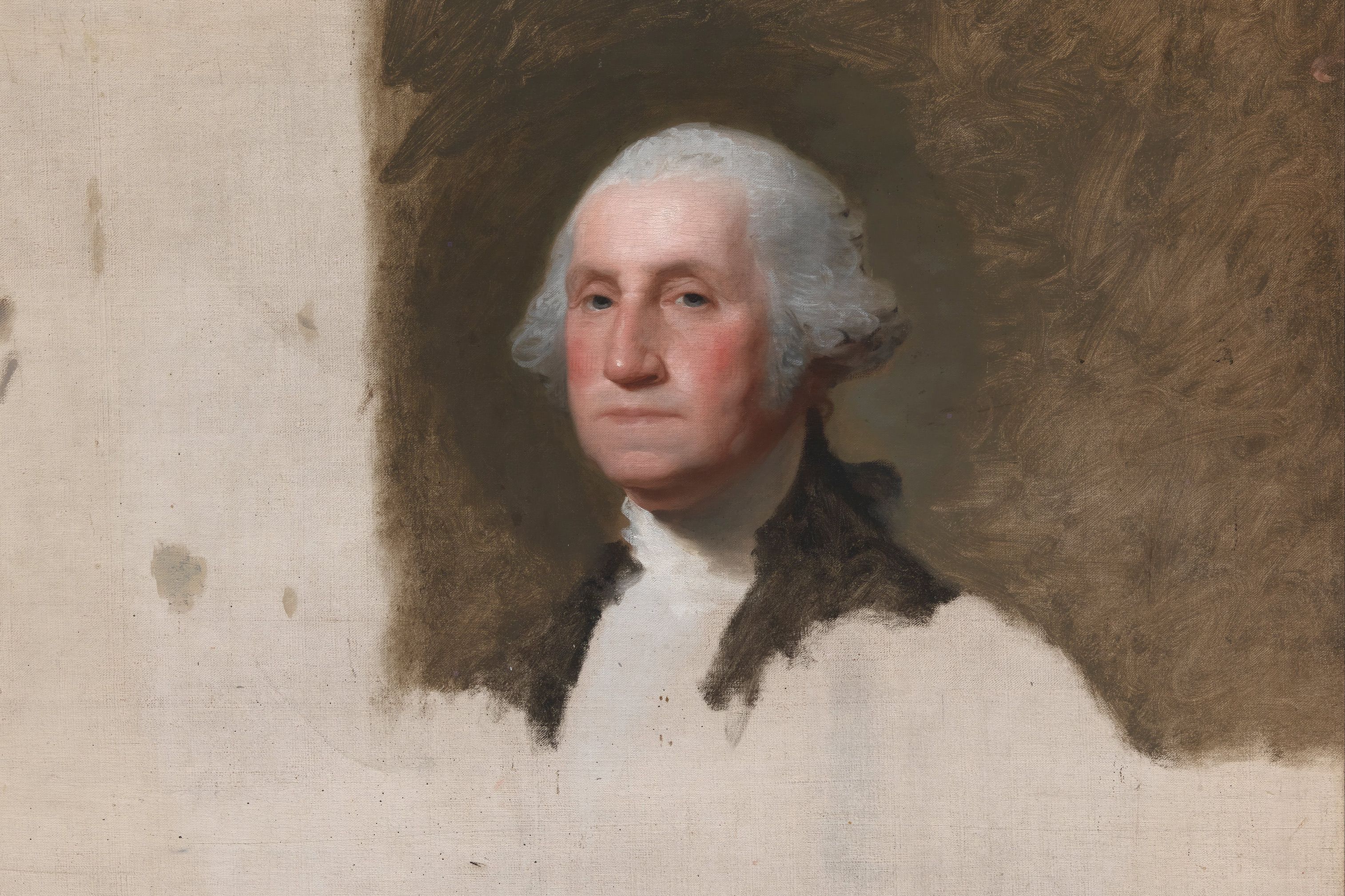 Unfinished painting of a man with white hair in a dark coat against a brown background on a textured canvas.