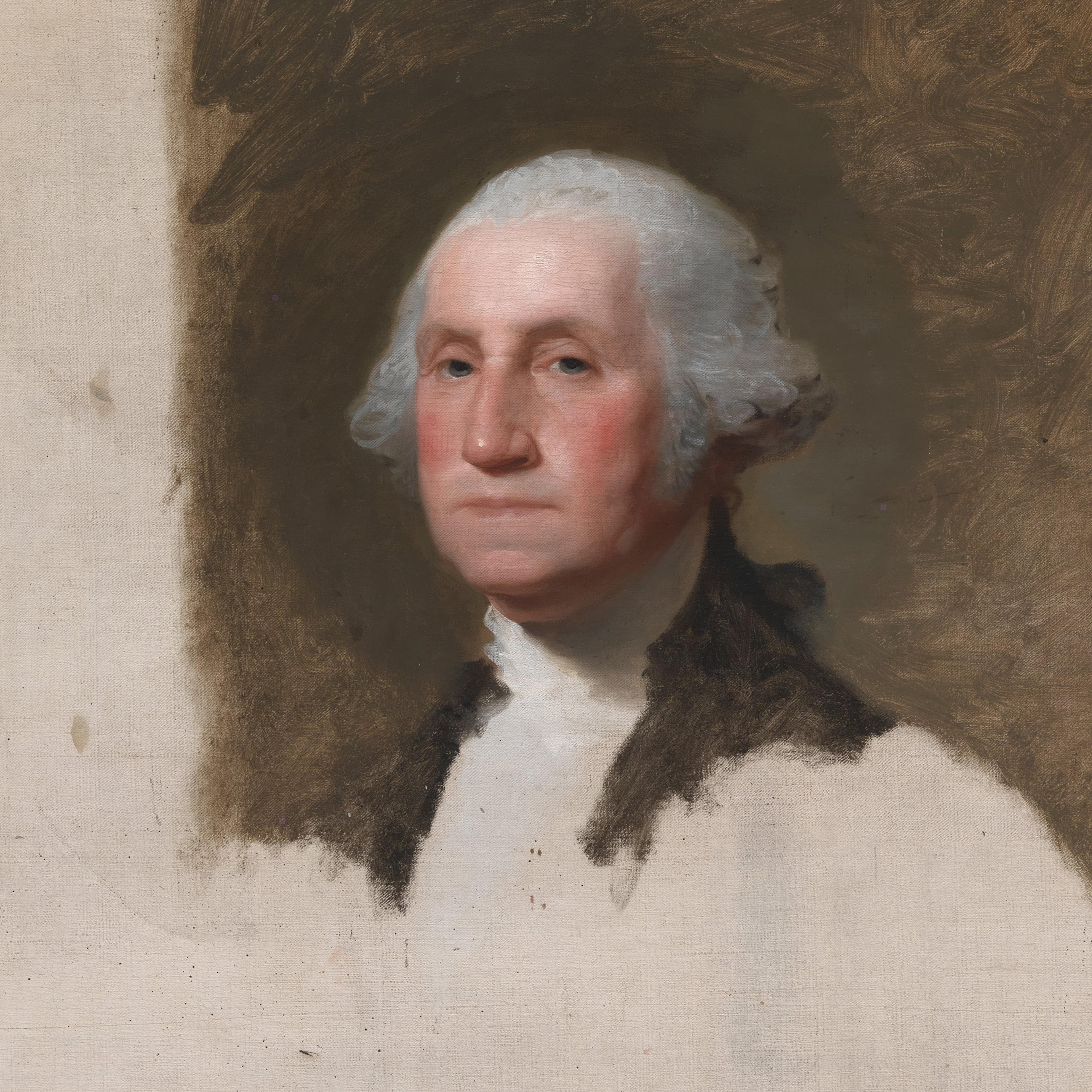 Unfinished painting of a man with white hair in a dark coat against a brown background on a textured canvas.