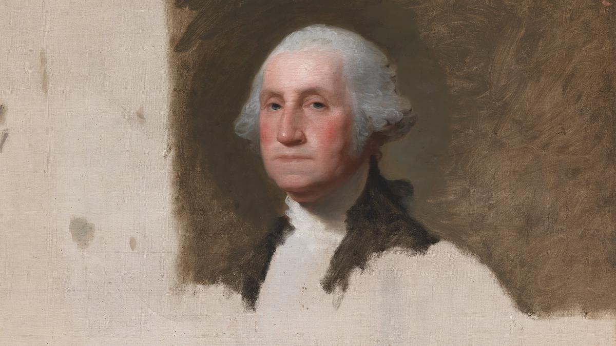 Unfinished painting of a man with white hair in a dark coat against a brown background on a textured canvas.